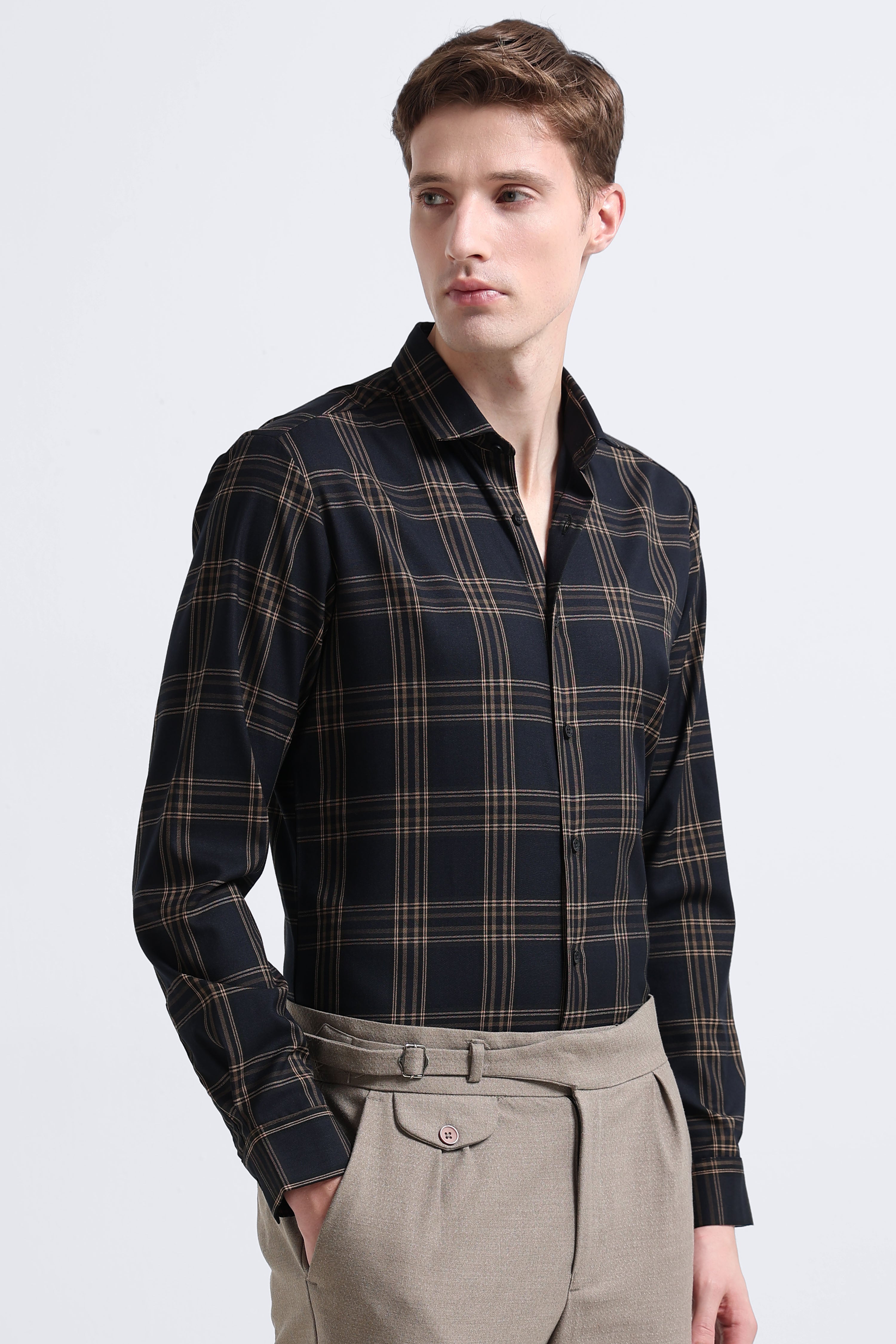 Men Yellow Checked Slim Fit Shirt
