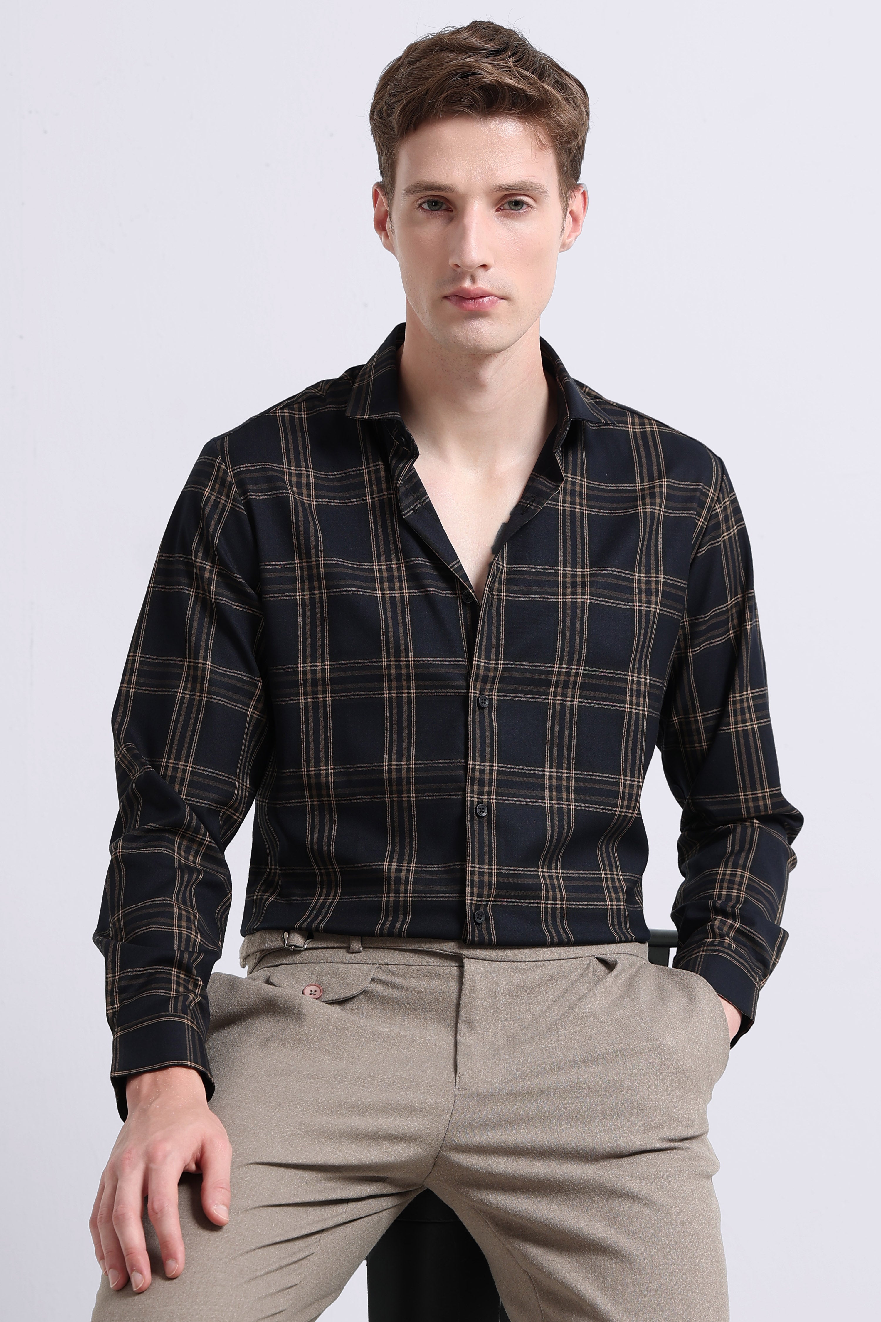 Men Yellow Checked Slim Fit Shirt