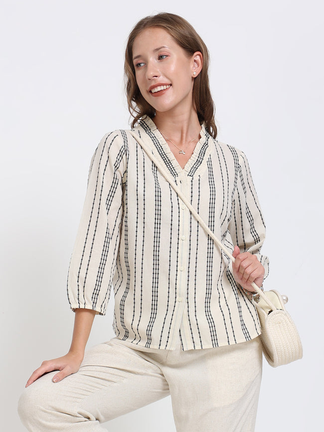 Women Textured Stripe Ruffle Collar Shirt