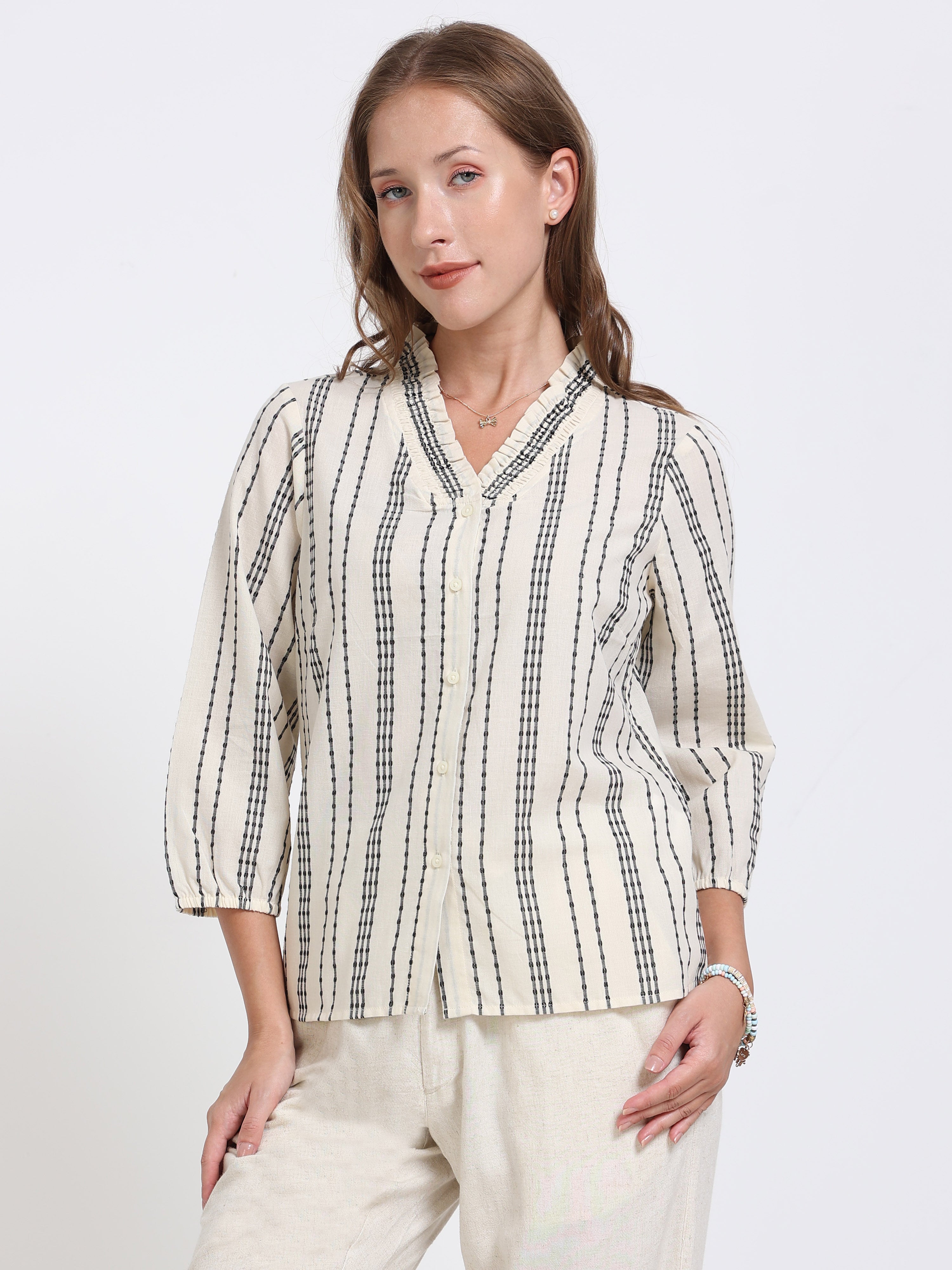 Women Textured Stripe Ruffle Collar Shirt
