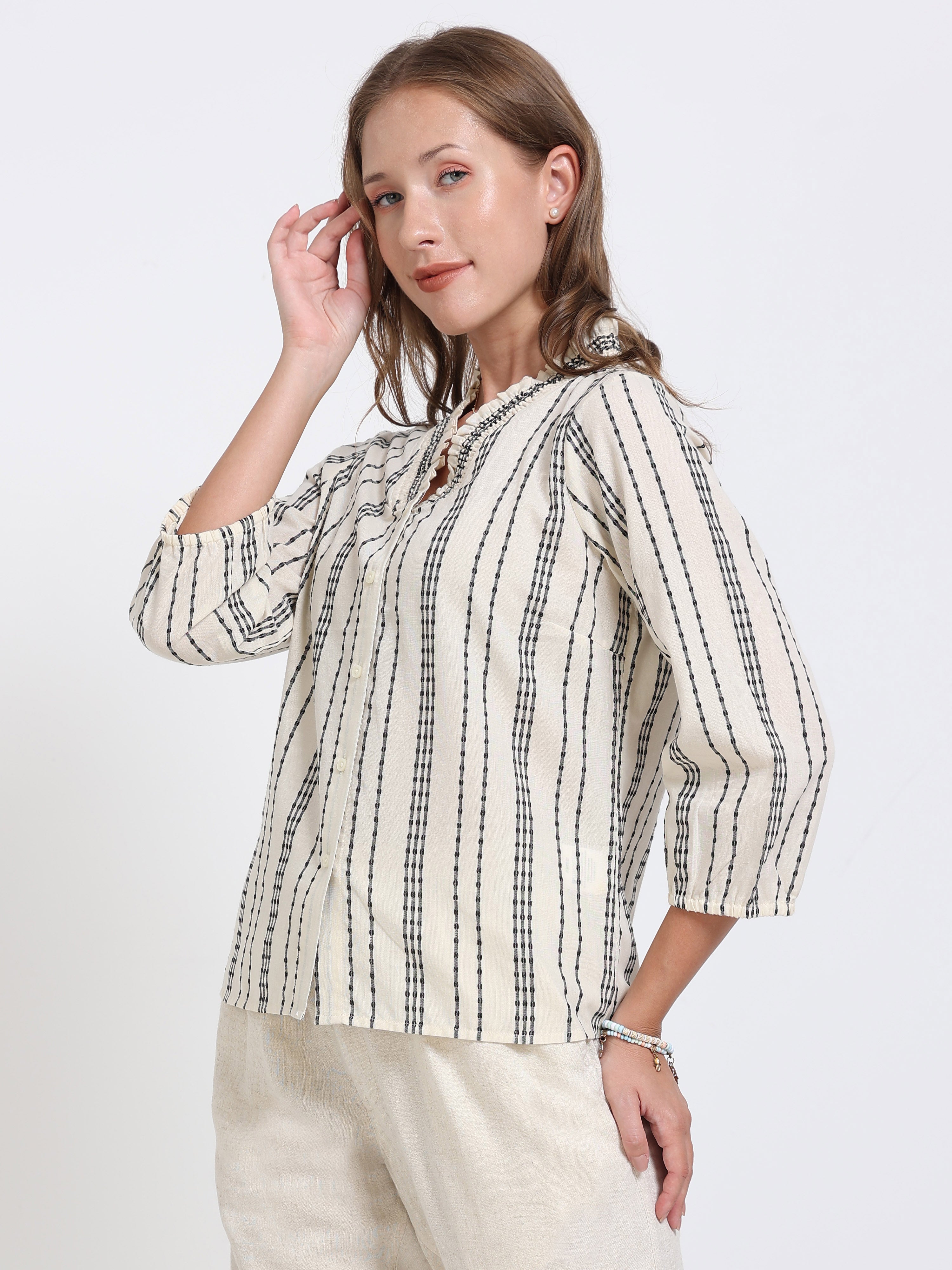 Women Textured Stripe Ruffle Collar Shirt