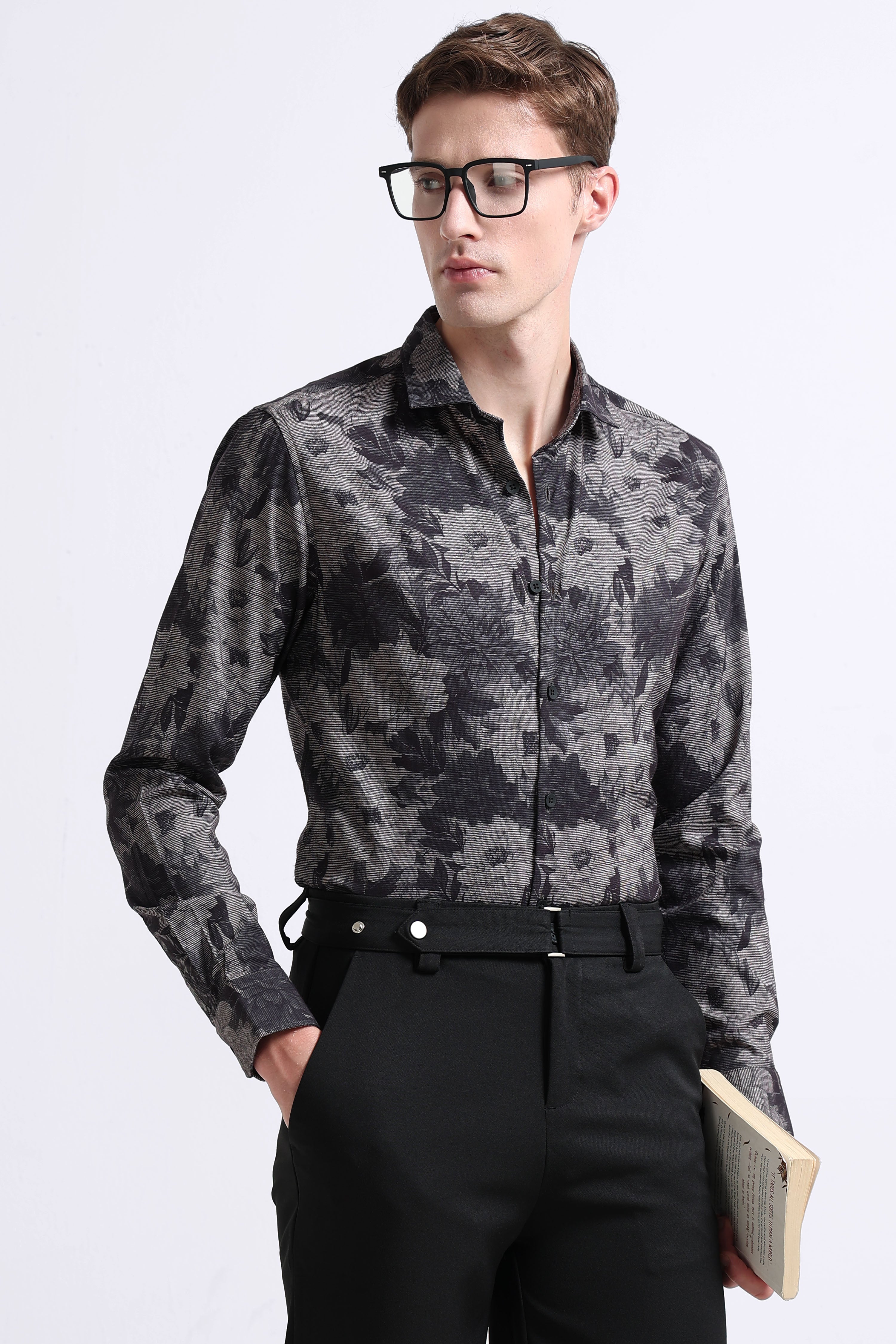 Men Grey Printed Cotton Blend Shirt