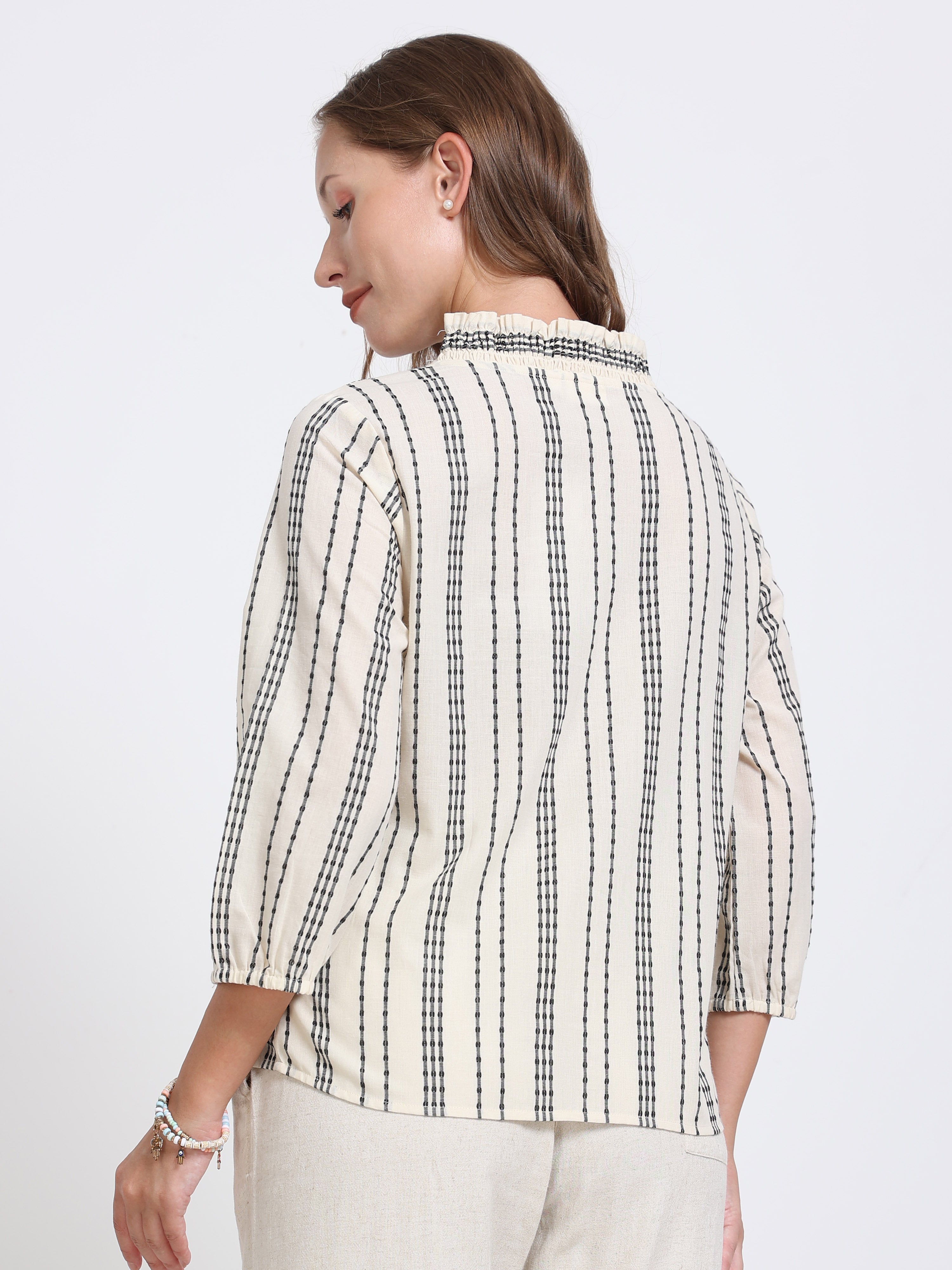Women Textured Stripe Ruffle Collar Shirt