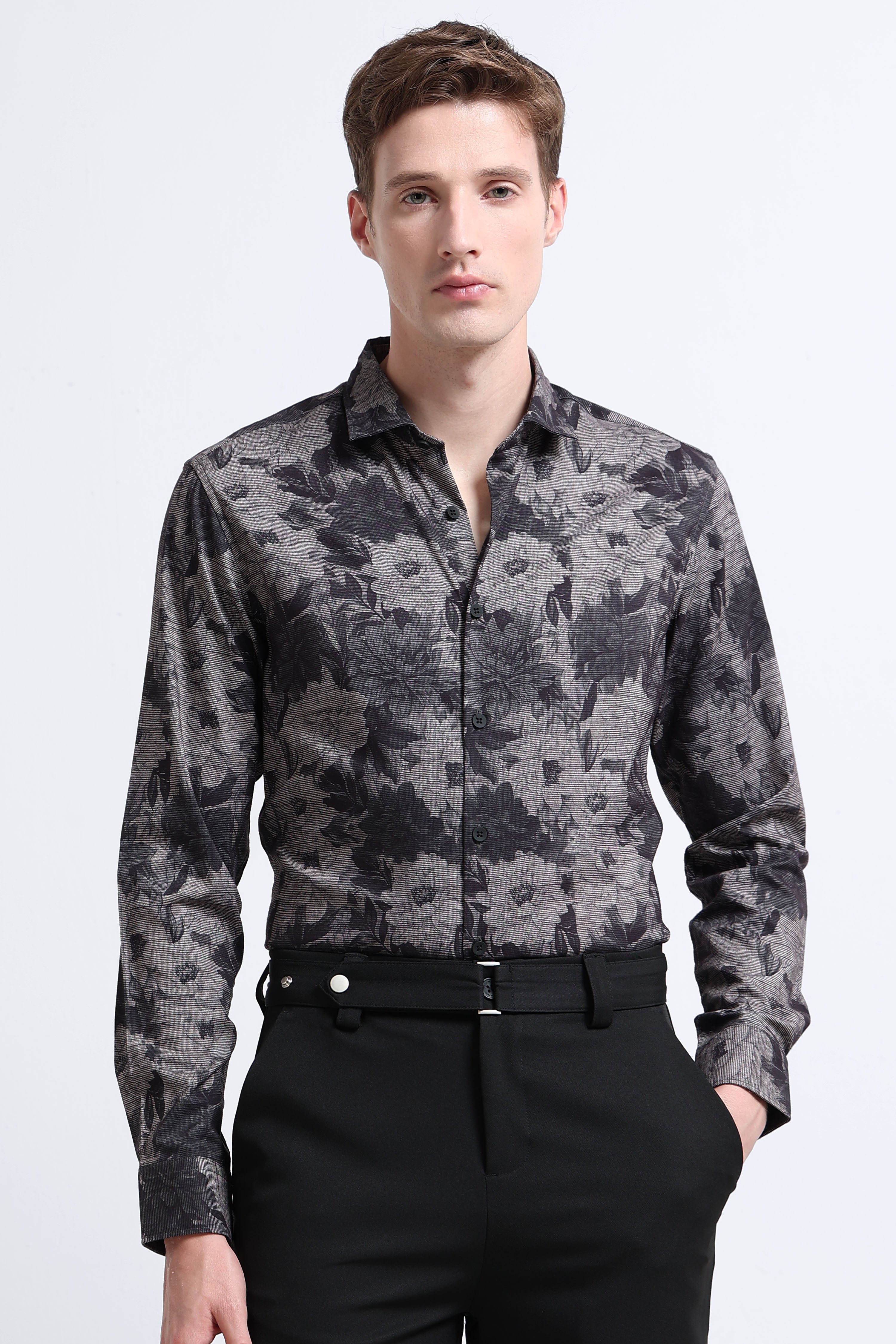 Men Grey Printed Cotton Blend Shirt