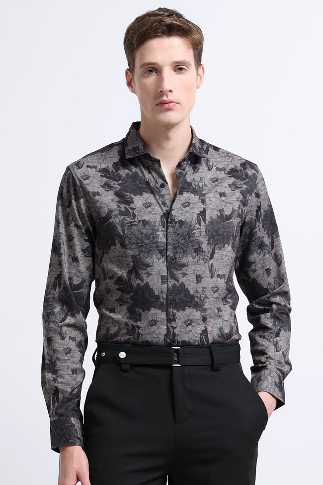 Men Grey Printed Cotton Blend Shirt