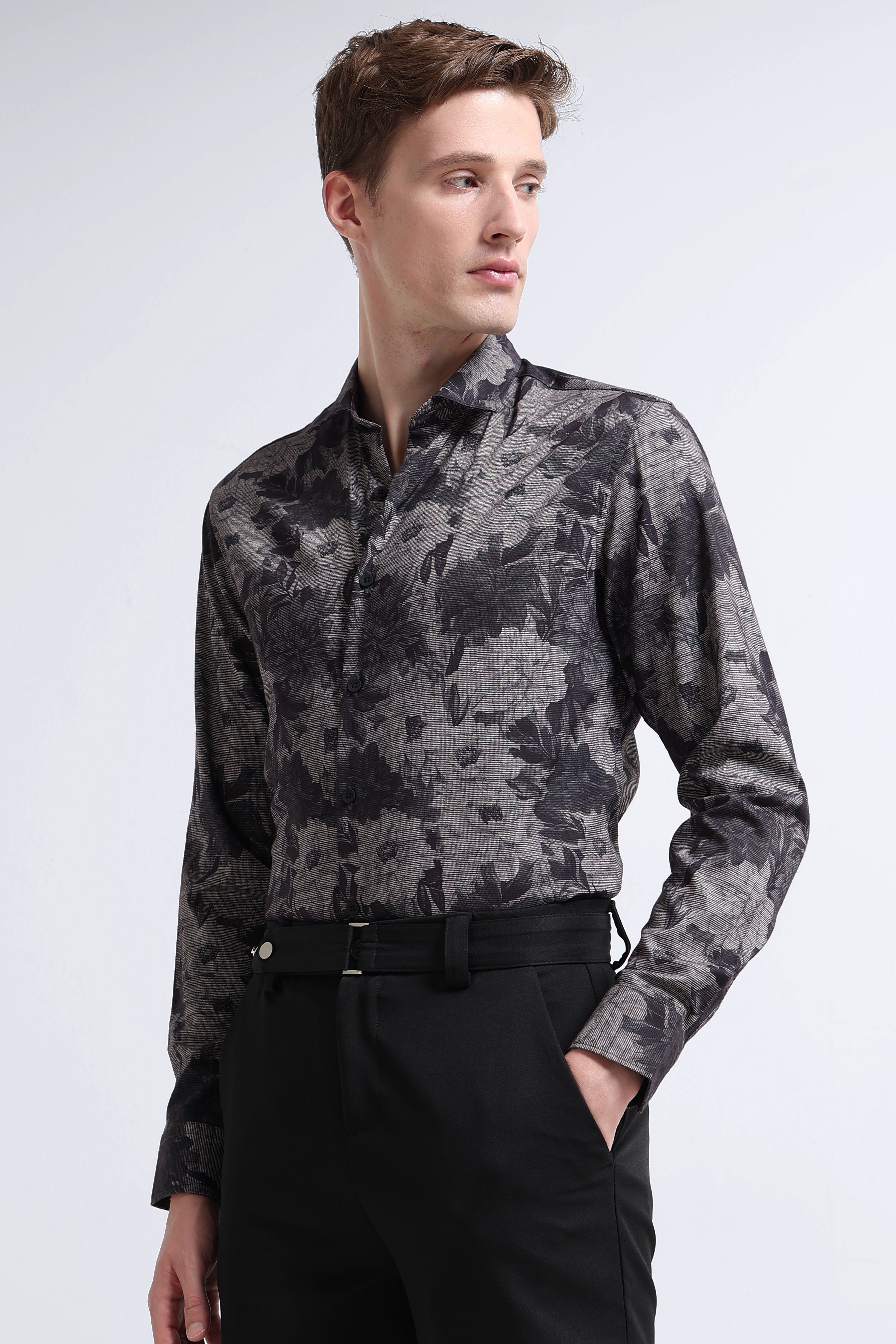 Men Grey Printed Cotton Blend Shirt
