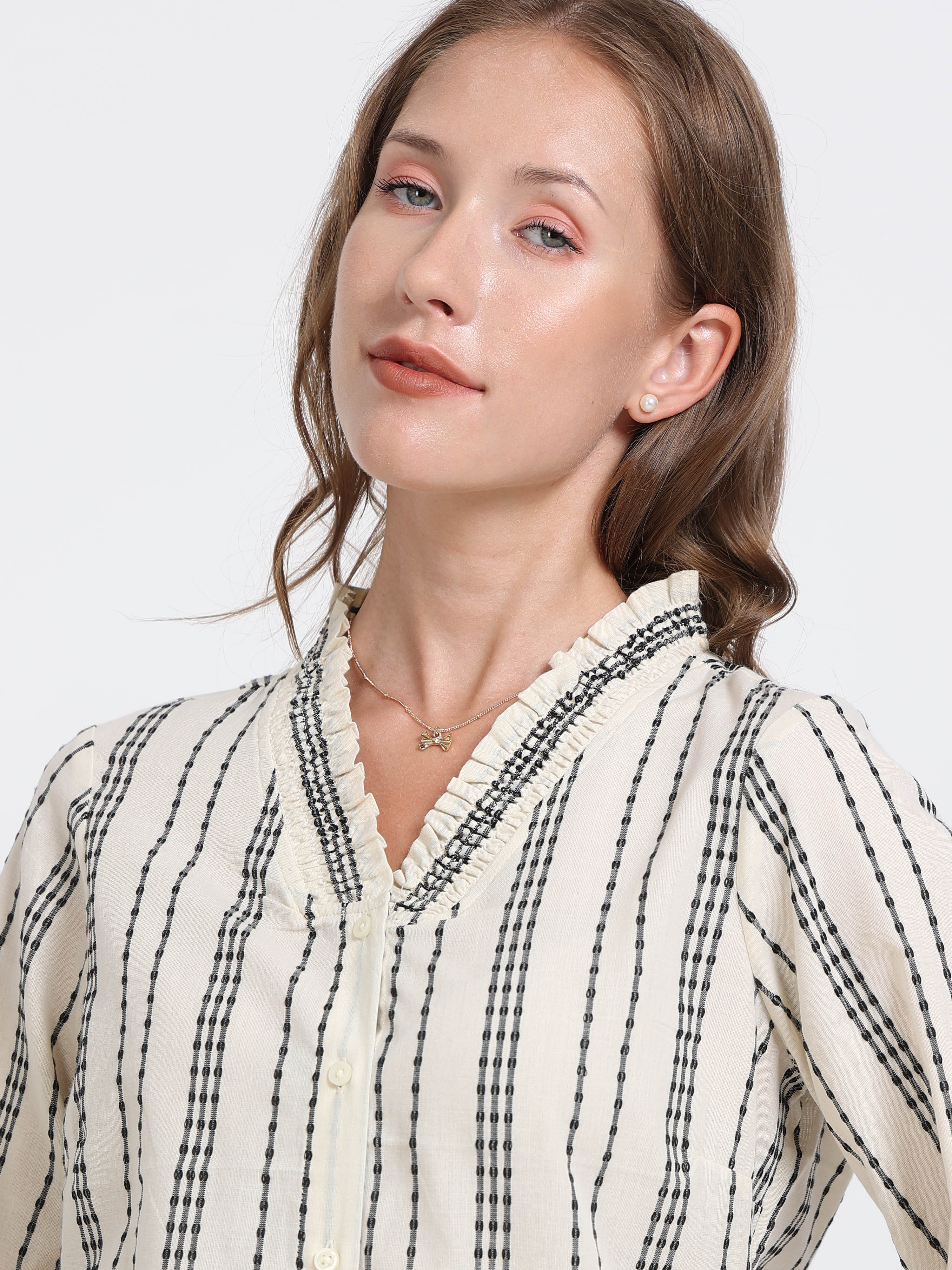 Women Textured Stripe Ruffle Collar Shirt
