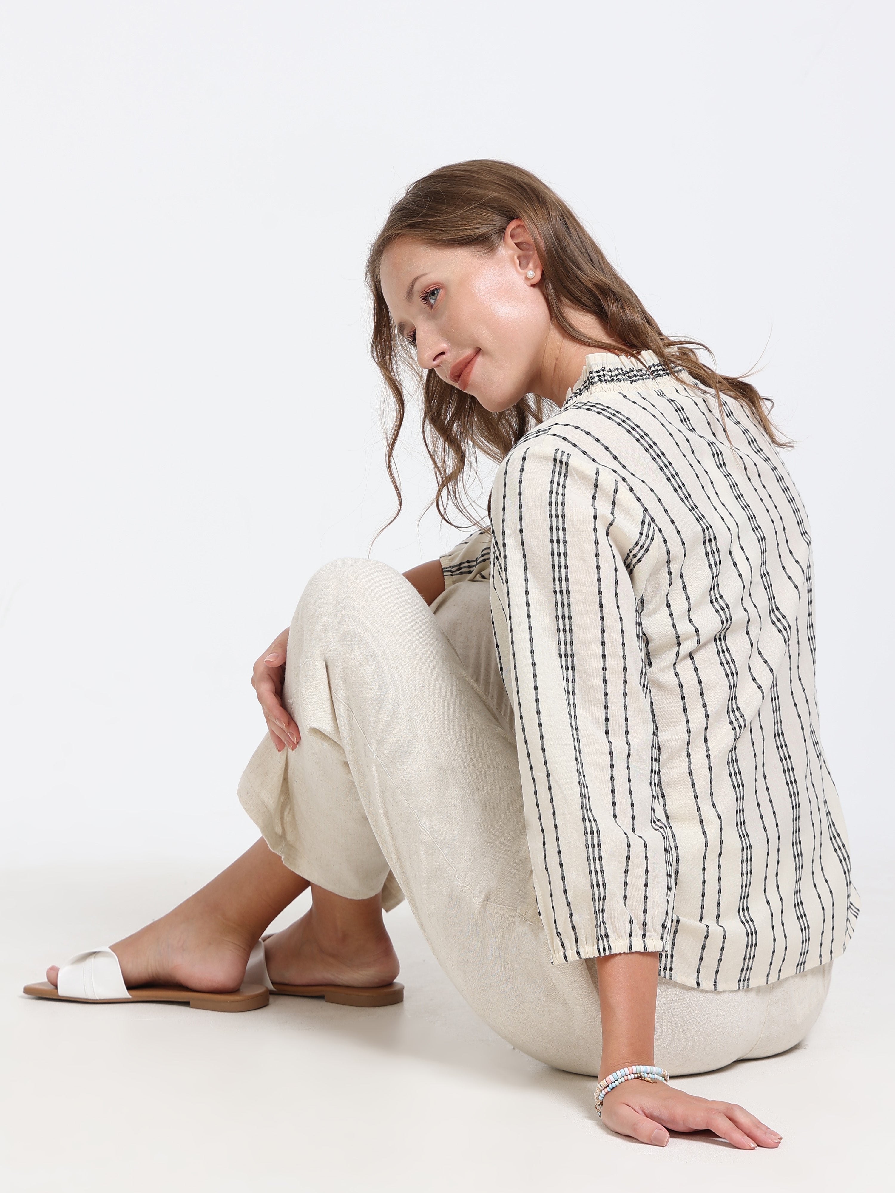 Women Textured Stripe Ruffle Collar Shirt