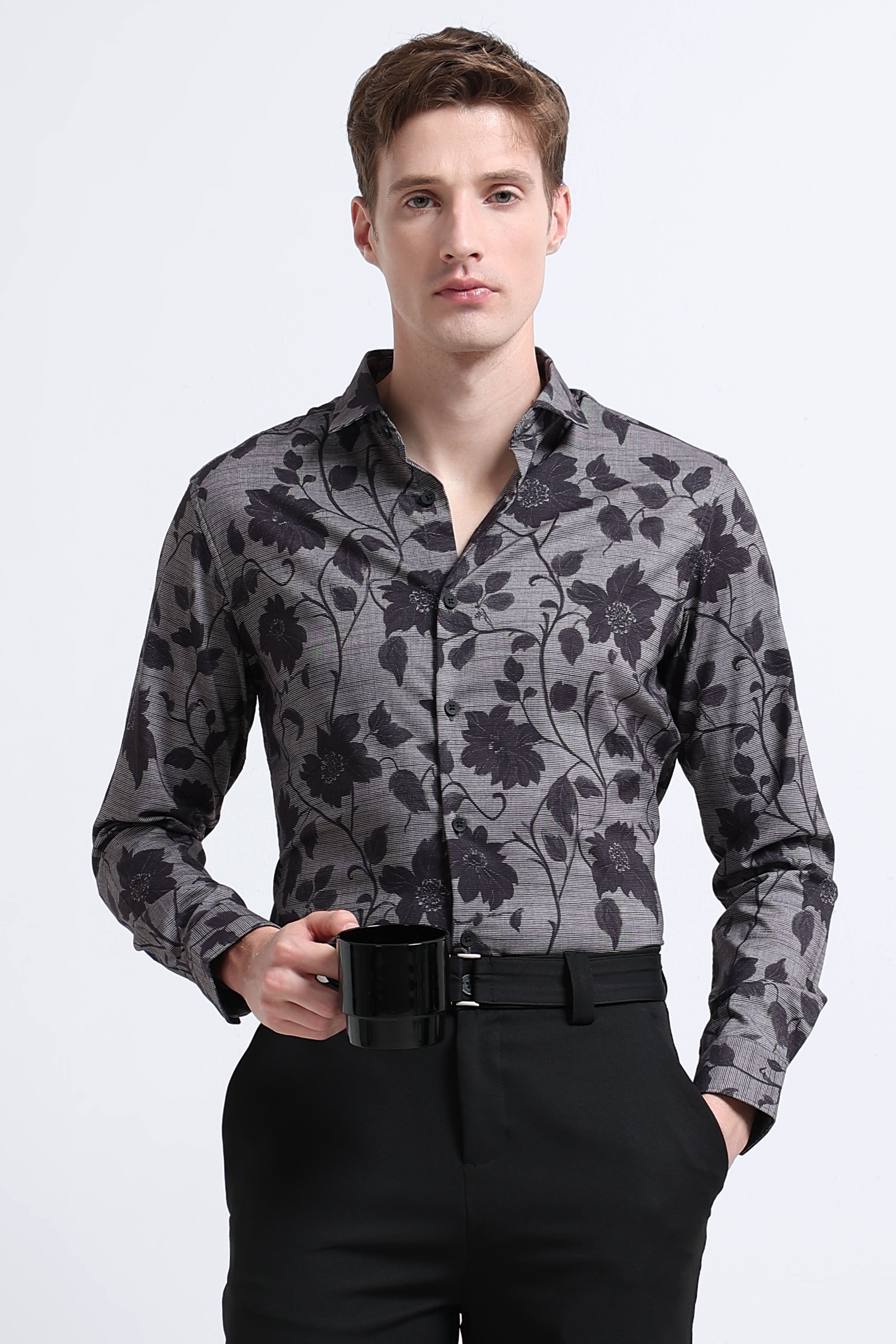 Men Grey Printed Cotton Blend Shirt