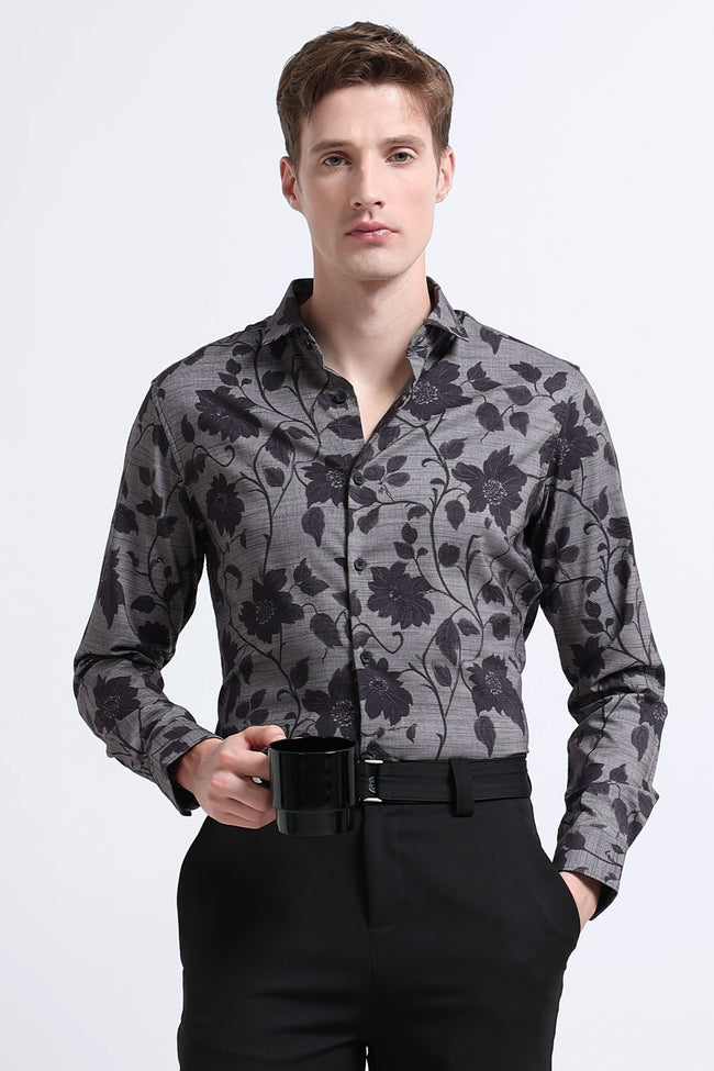 Men Grey Printed Cotton Blend Shirt