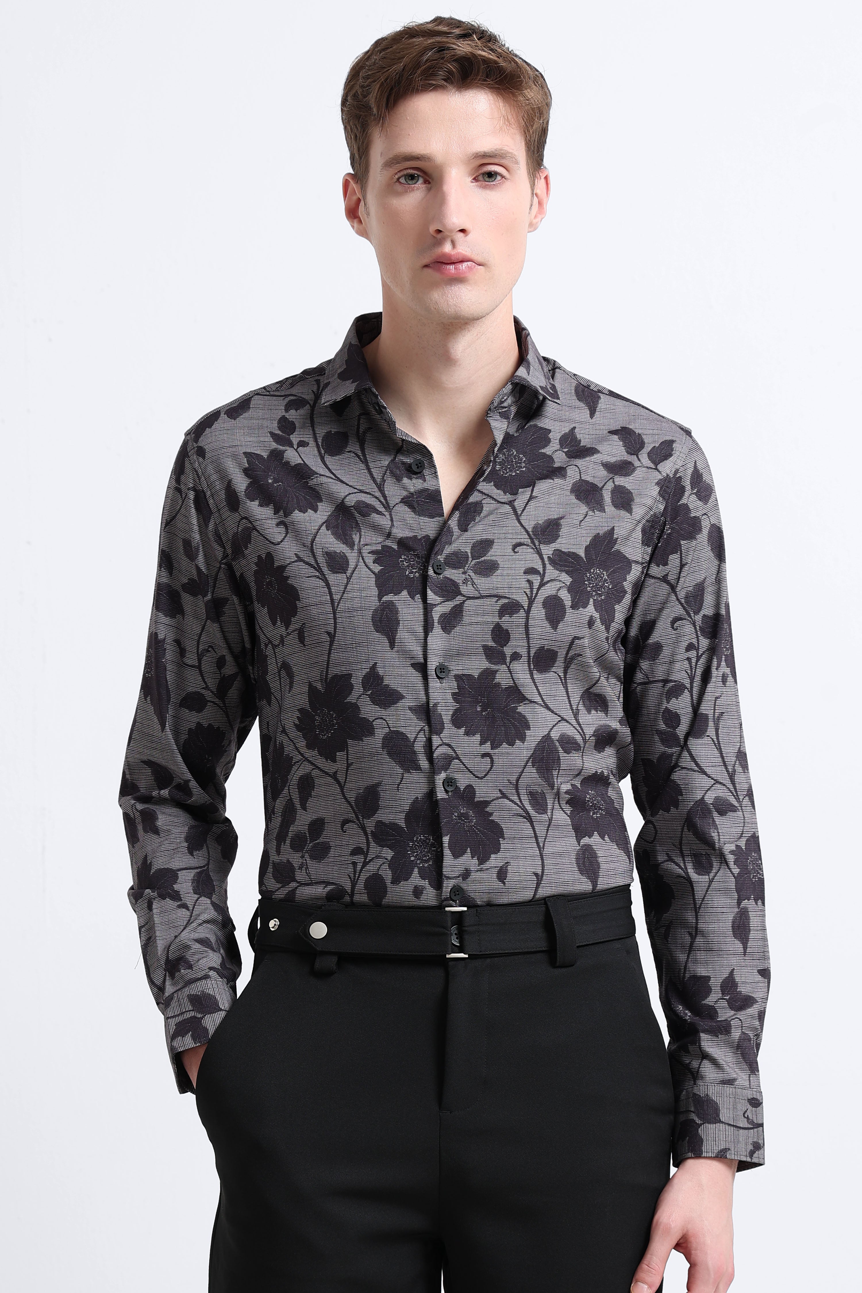 Men Grey Printed Cotton Blend Shirt