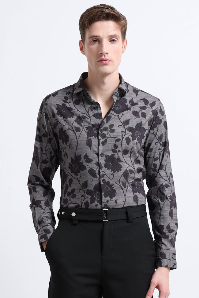 Men Grey Printed Cotton Blend Shirt