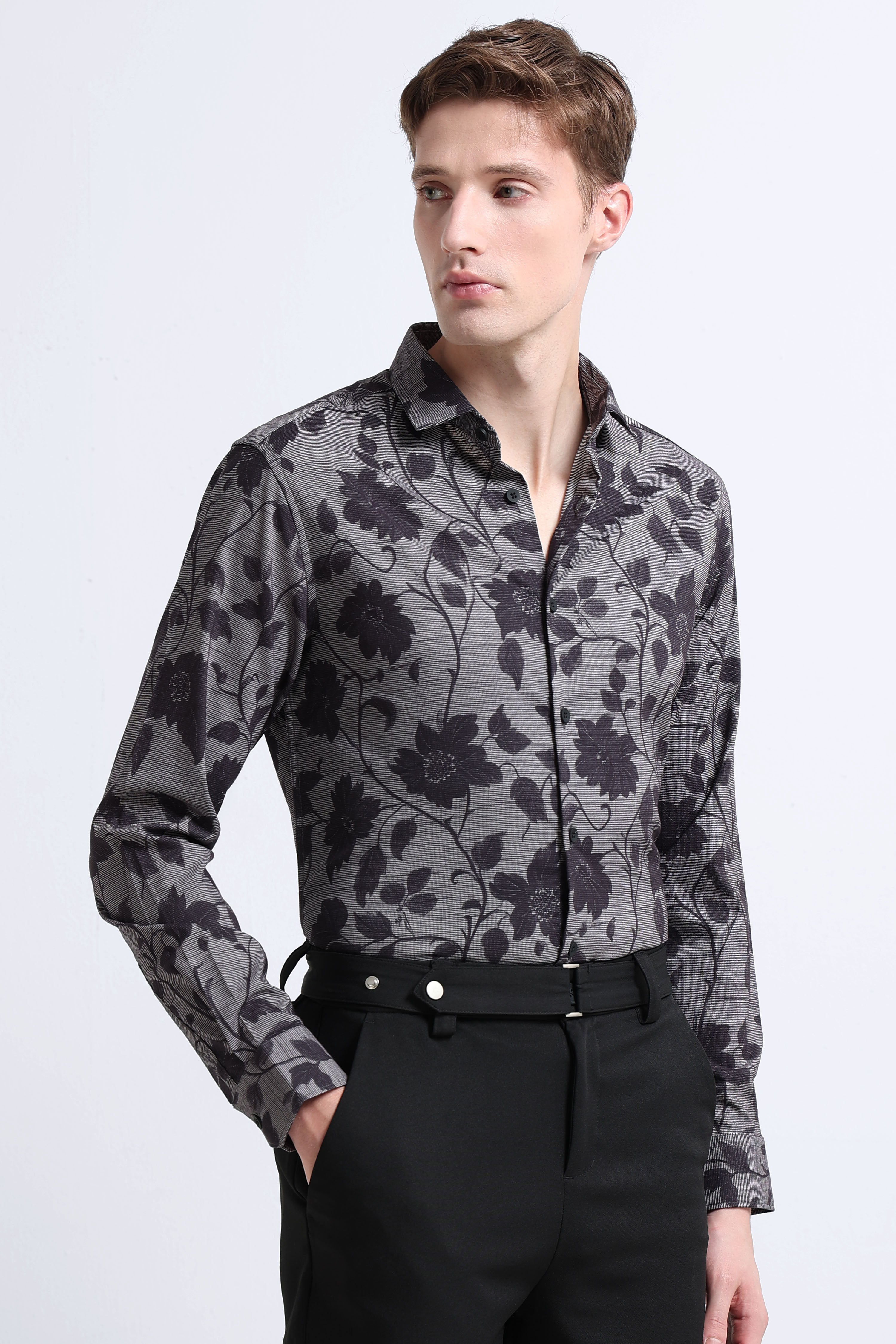 Men Grey Printed Cotton Blend Shirt