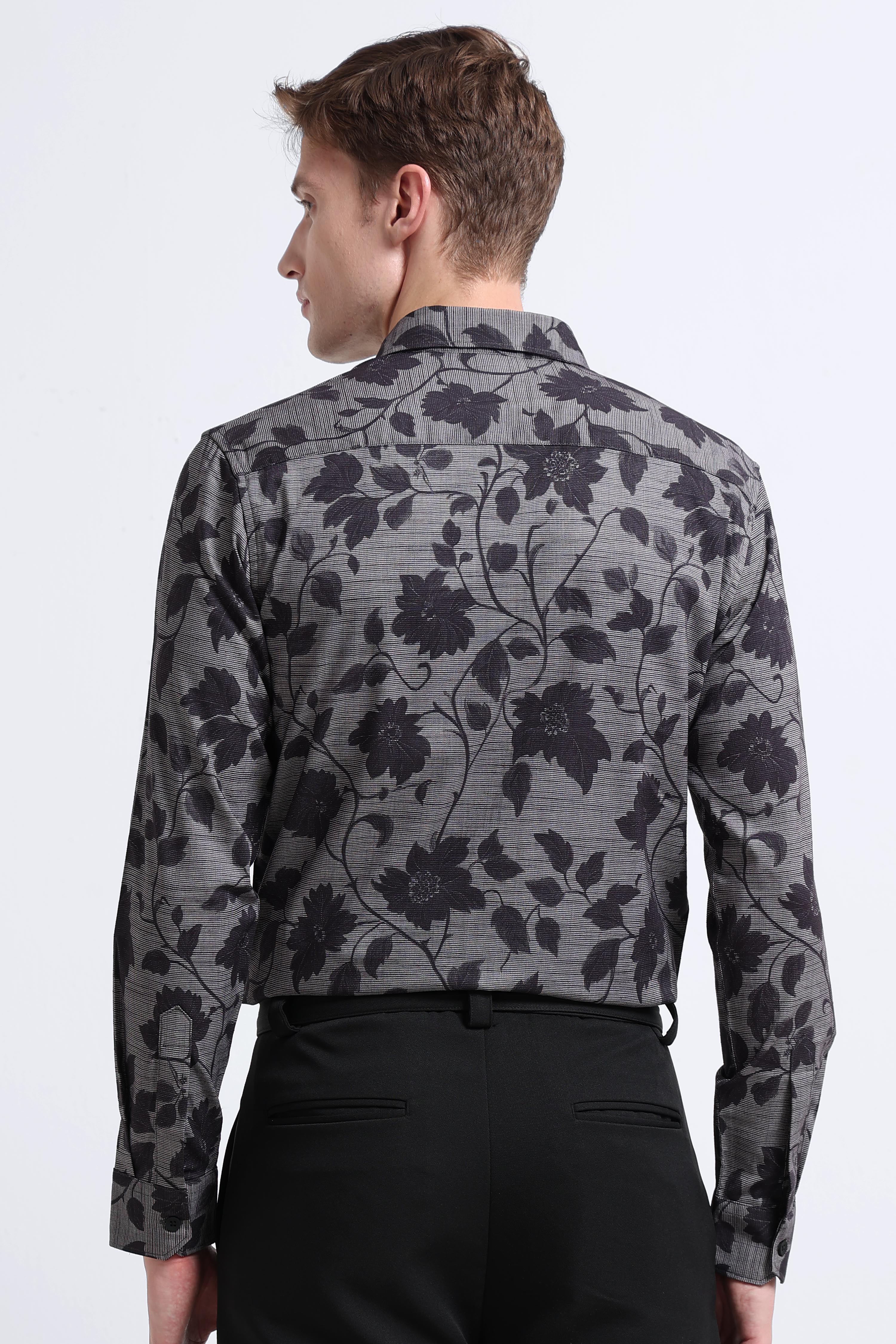 Men Grey Printed Cotton Blend Shirt