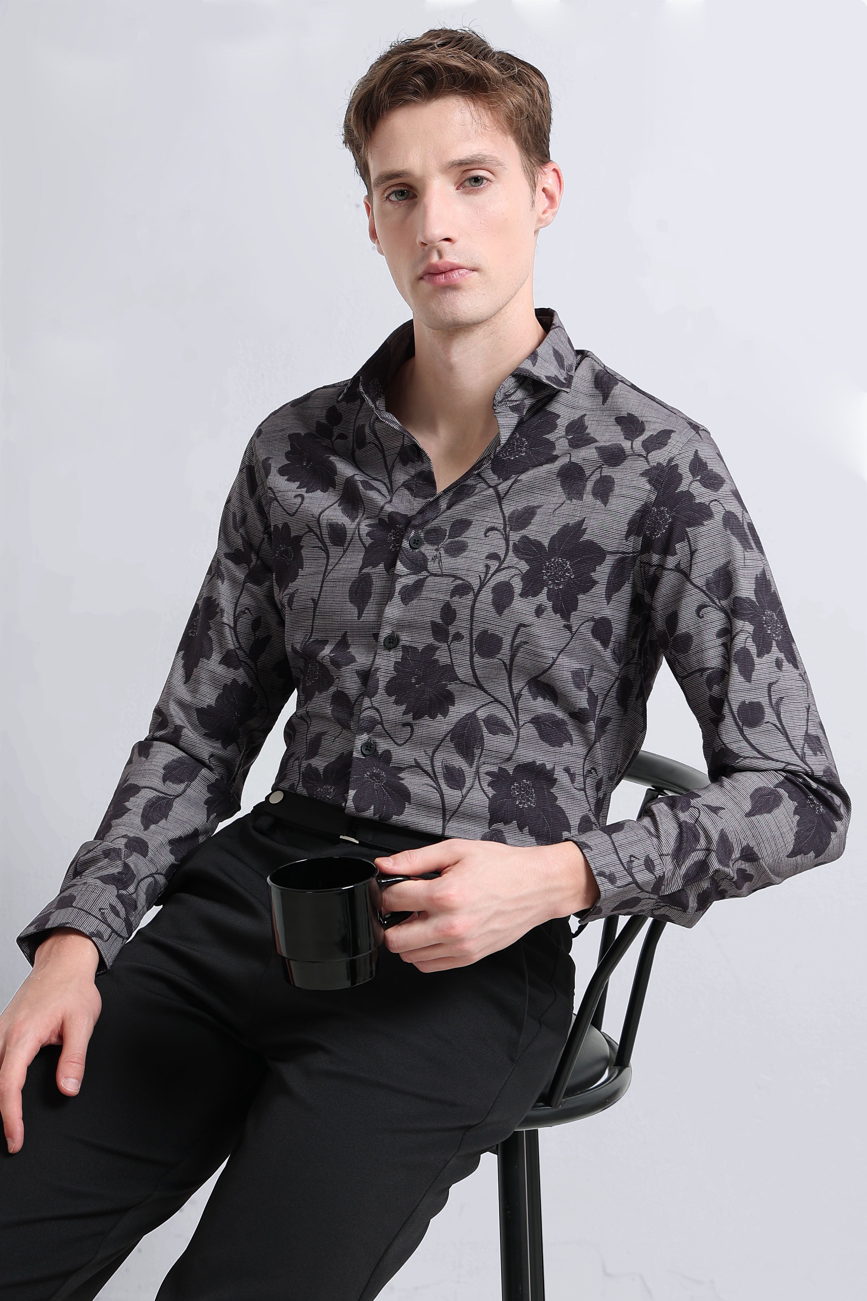 Men Grey Printed Cotton Blend Shirt