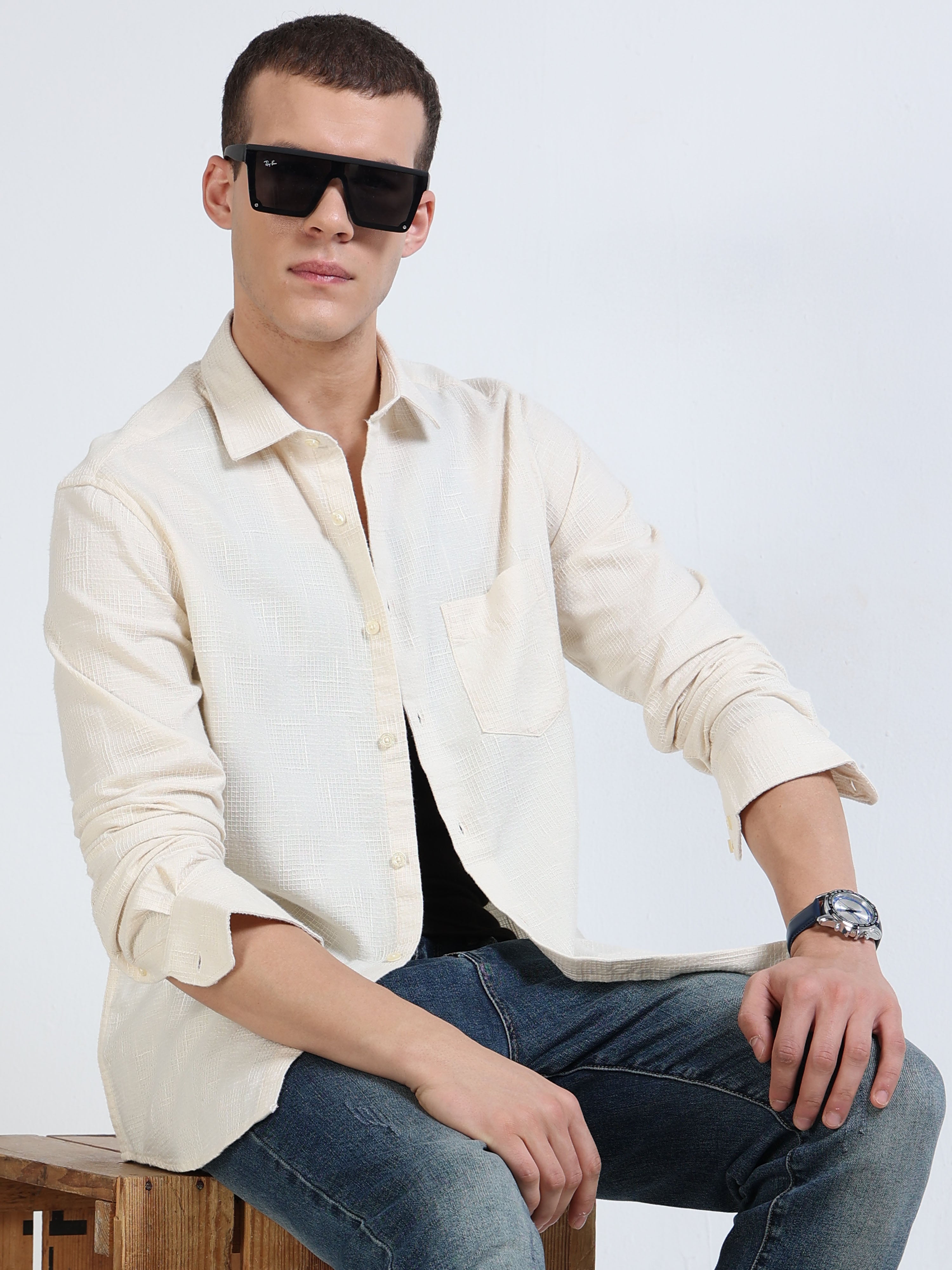Textured Cream Linen Shirt