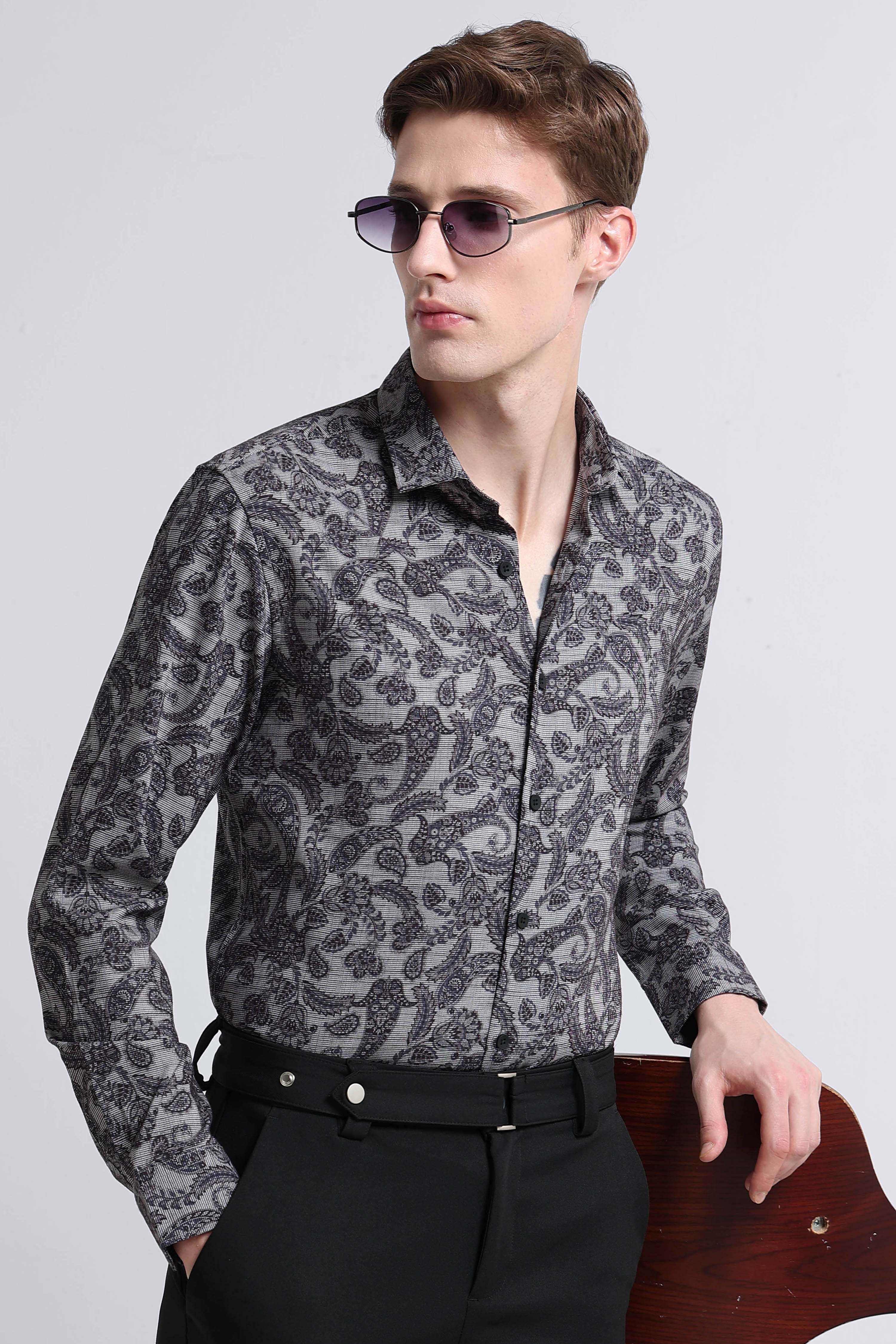 Men Grey Printed Cotton Blend Shirt