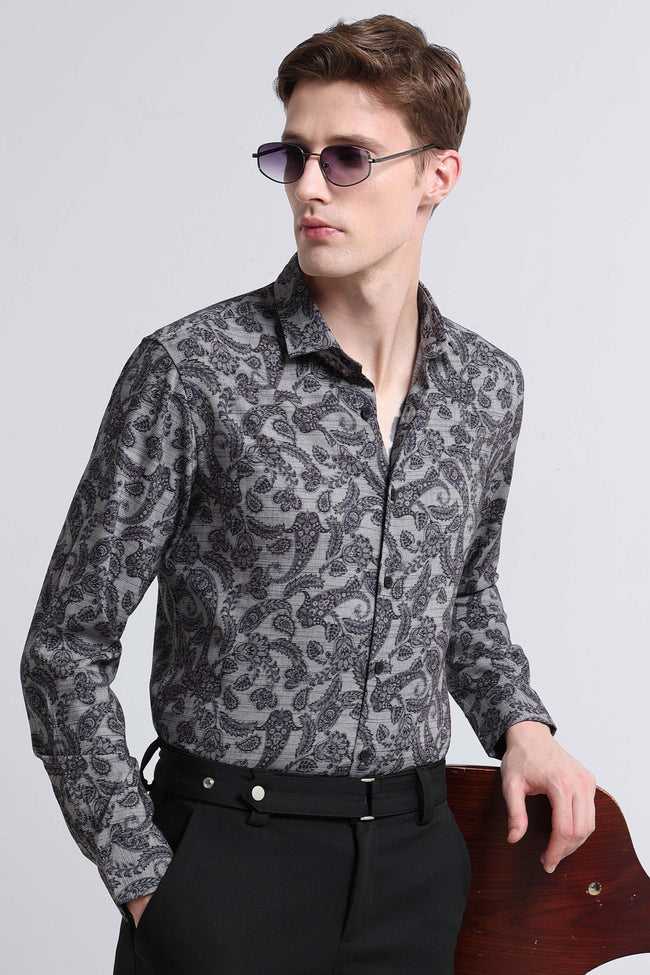 Men Grey Printed Cotton Blend Shirt