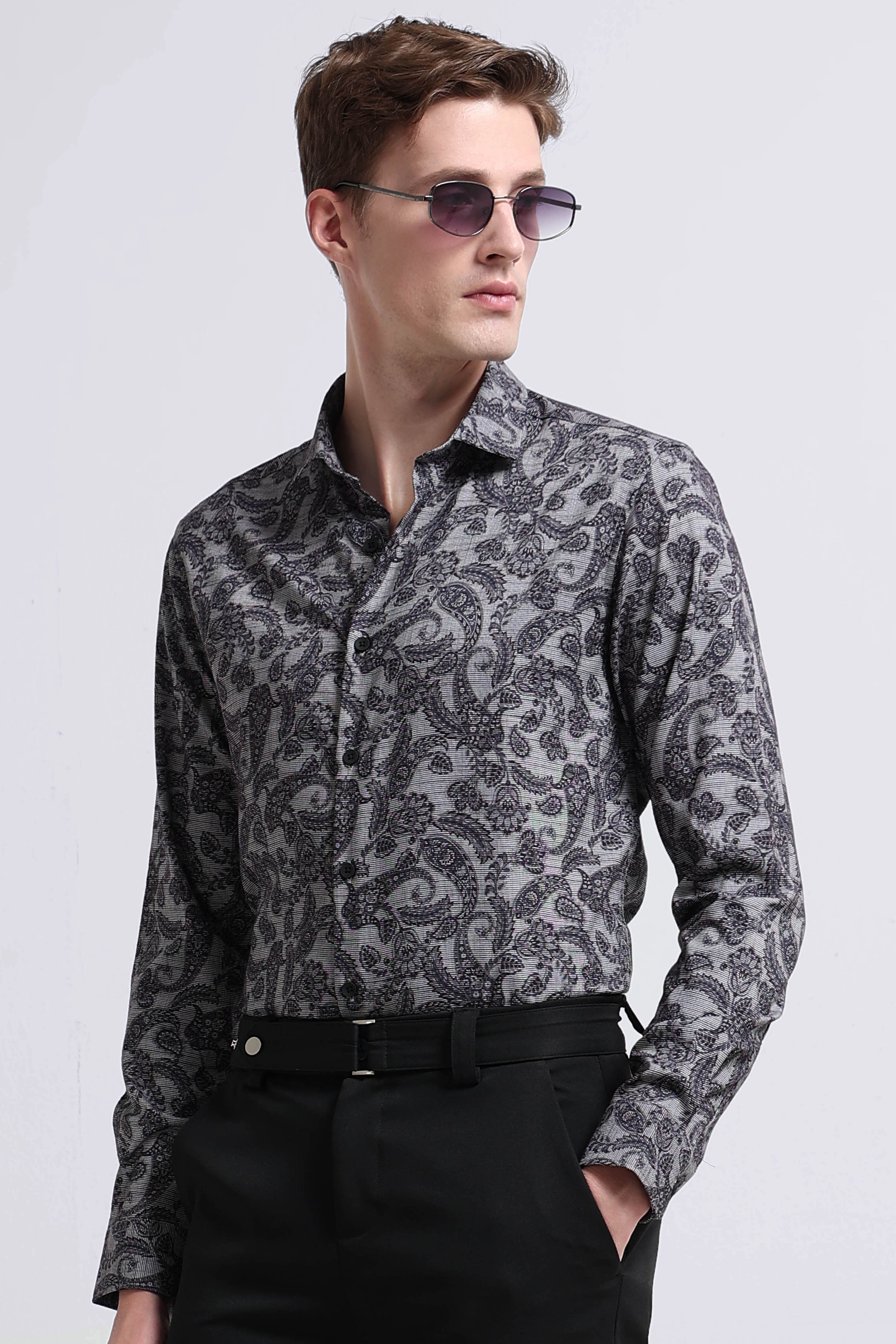Men Grey Printed Cotton Blend Shirt