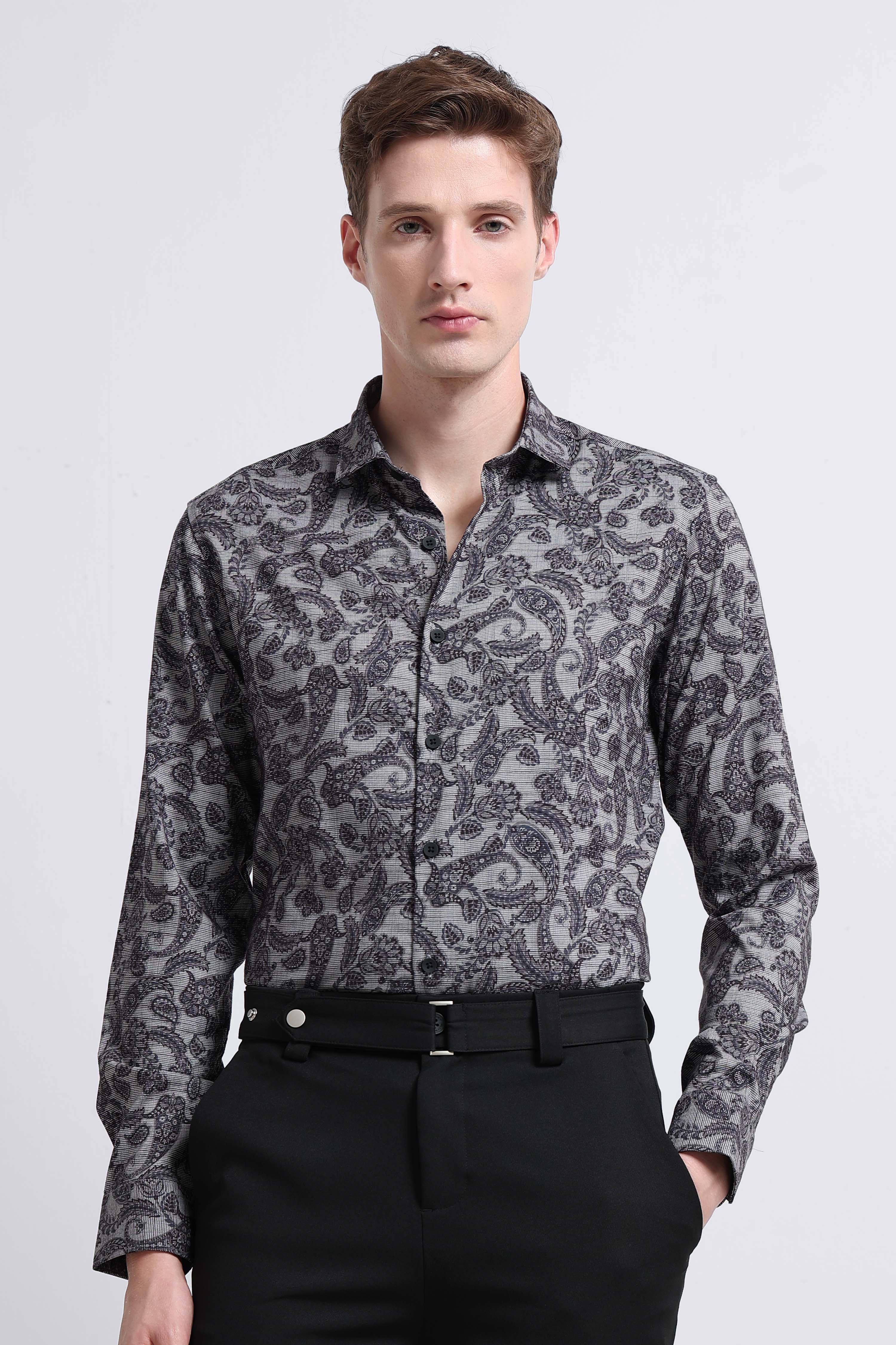 Men Grey Printed Cotton Blend Shirt