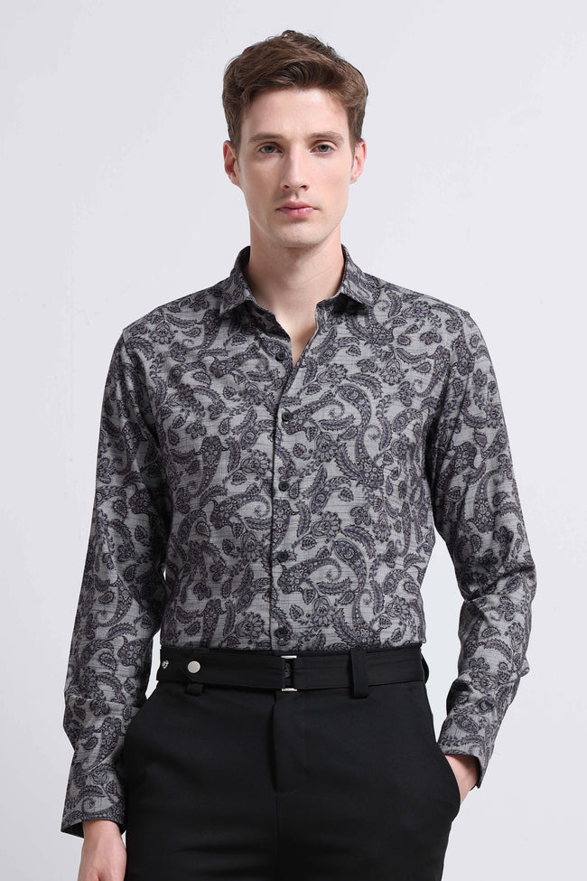 Men Grey Printed Cotton Blend Shirt