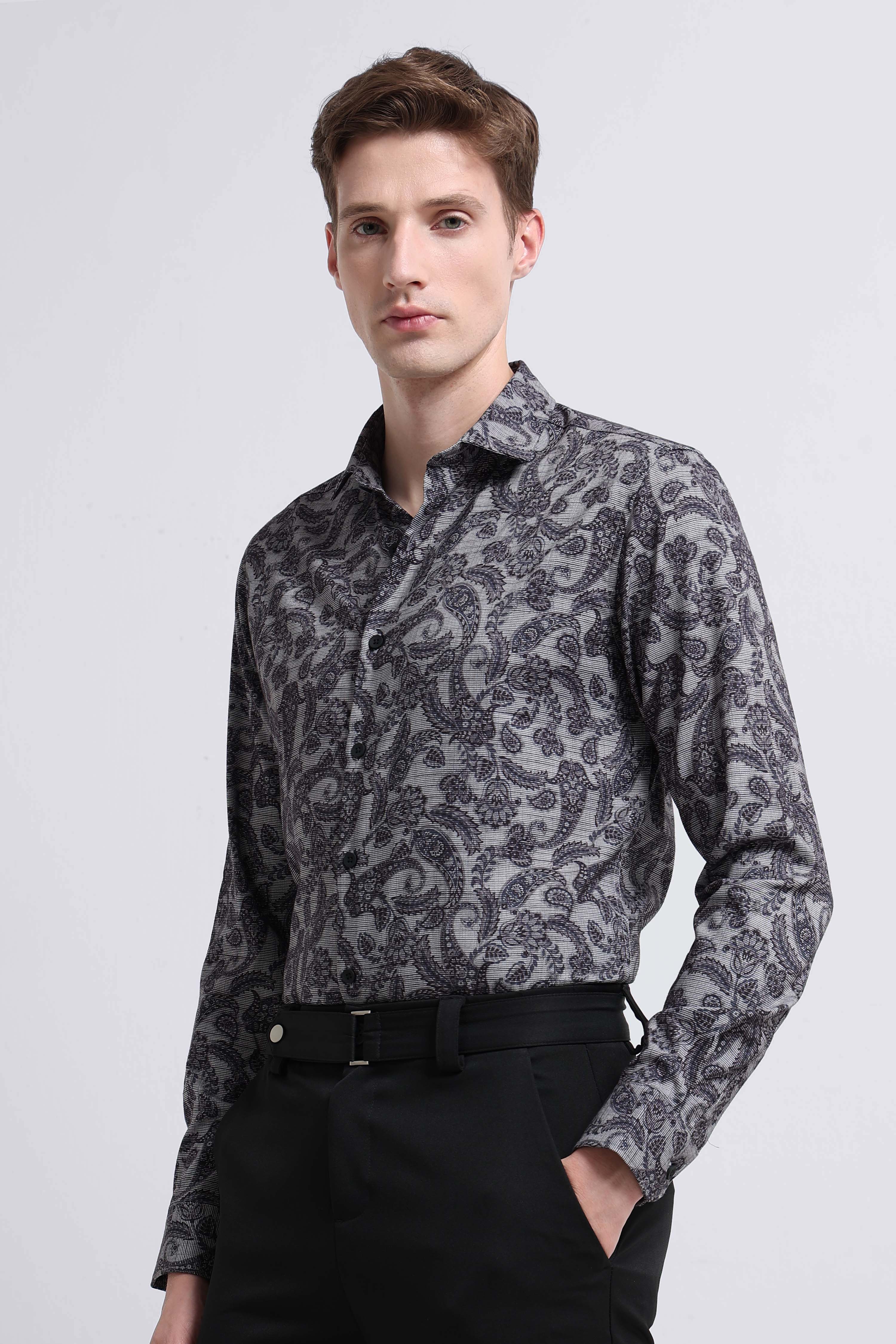 Men Grey Printed Cotton Blend Shirt