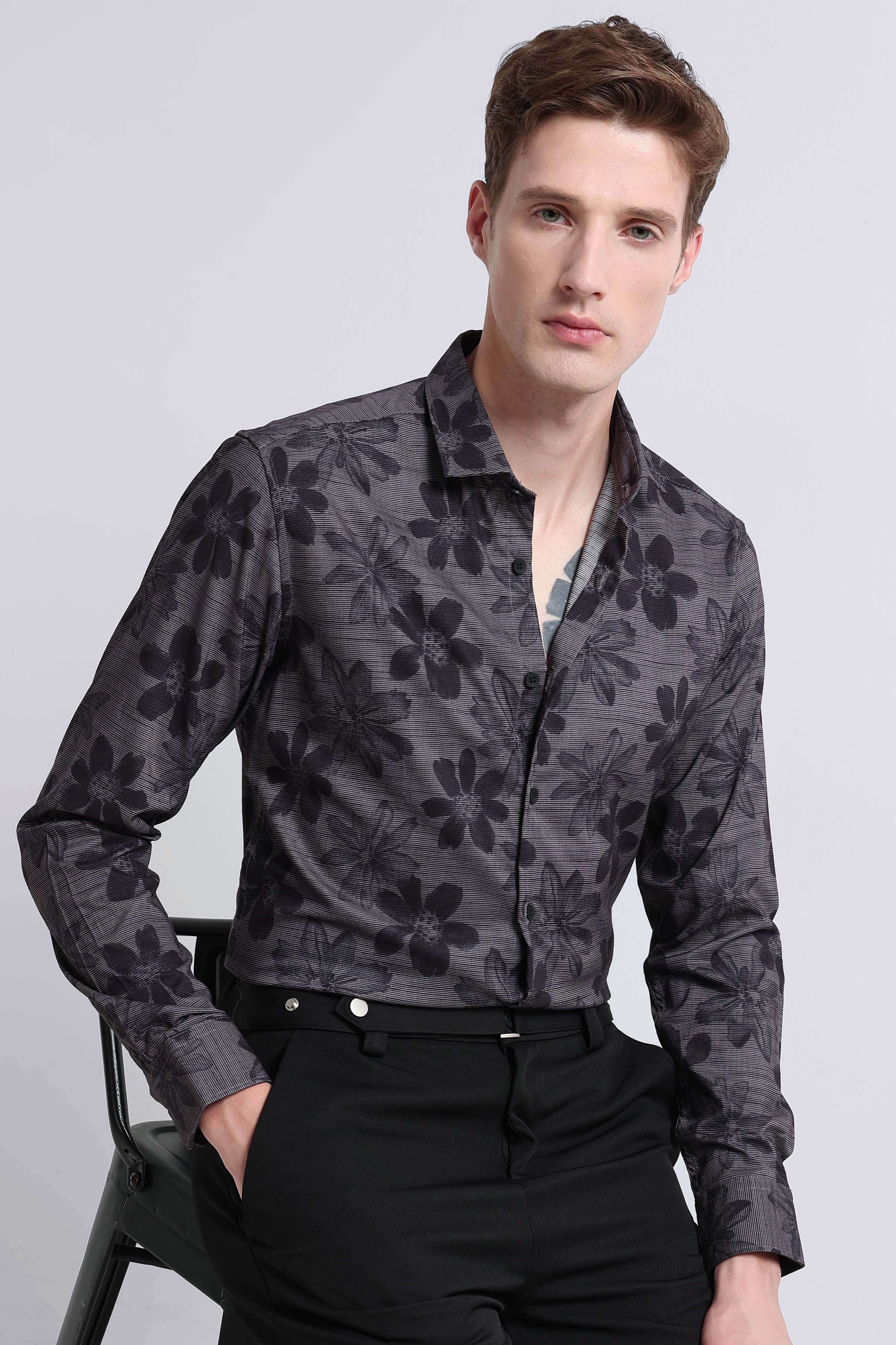 Men Grey Printed Cotton Blend Shirt
