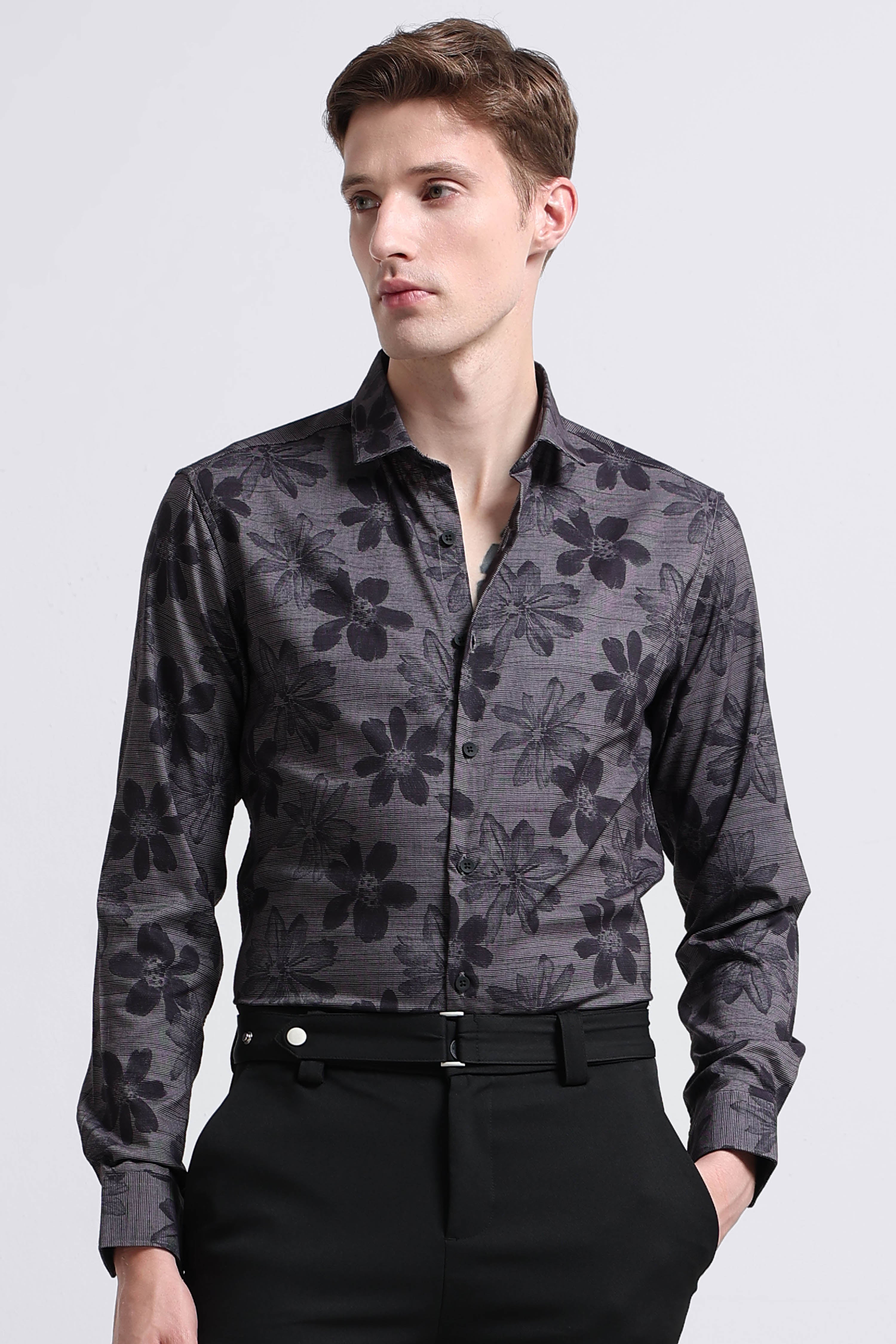 Men Grey Printed Cotton Blend Shirt