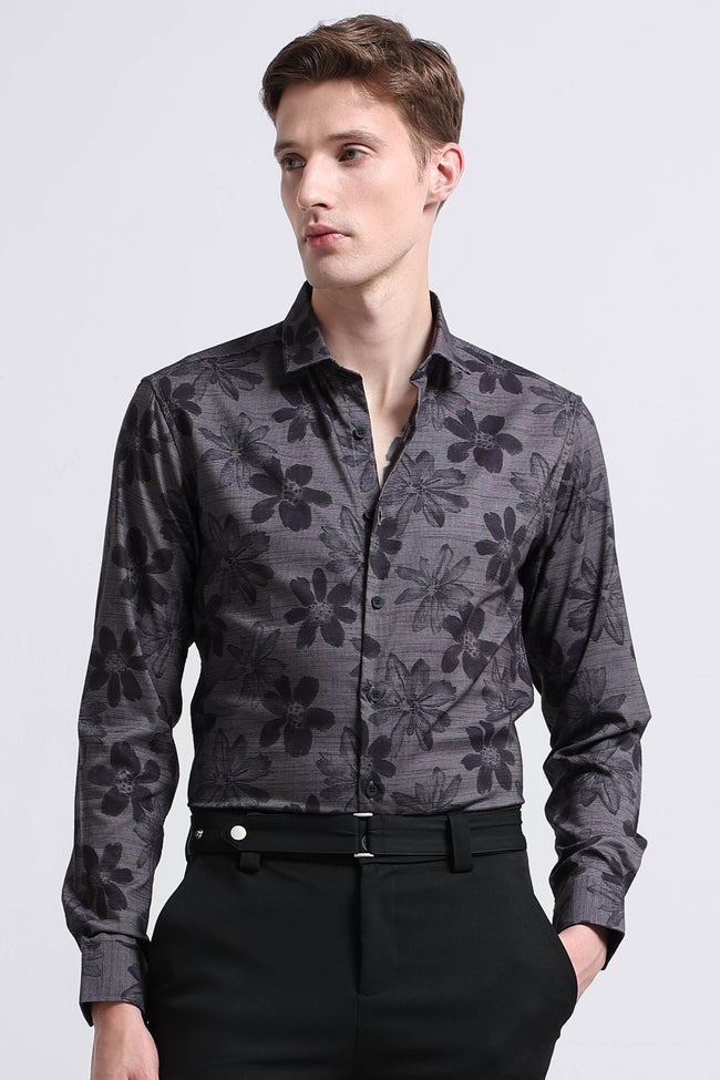 Men Grey Printed Cotton Blend Shirt