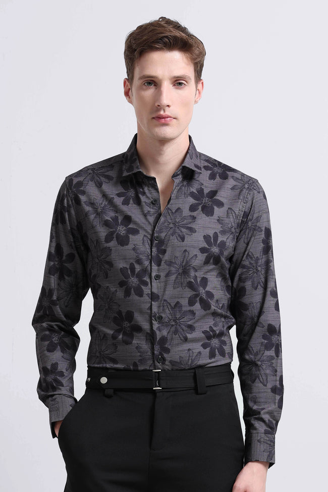 Men Grey Printed Cotton Blend Shirt
