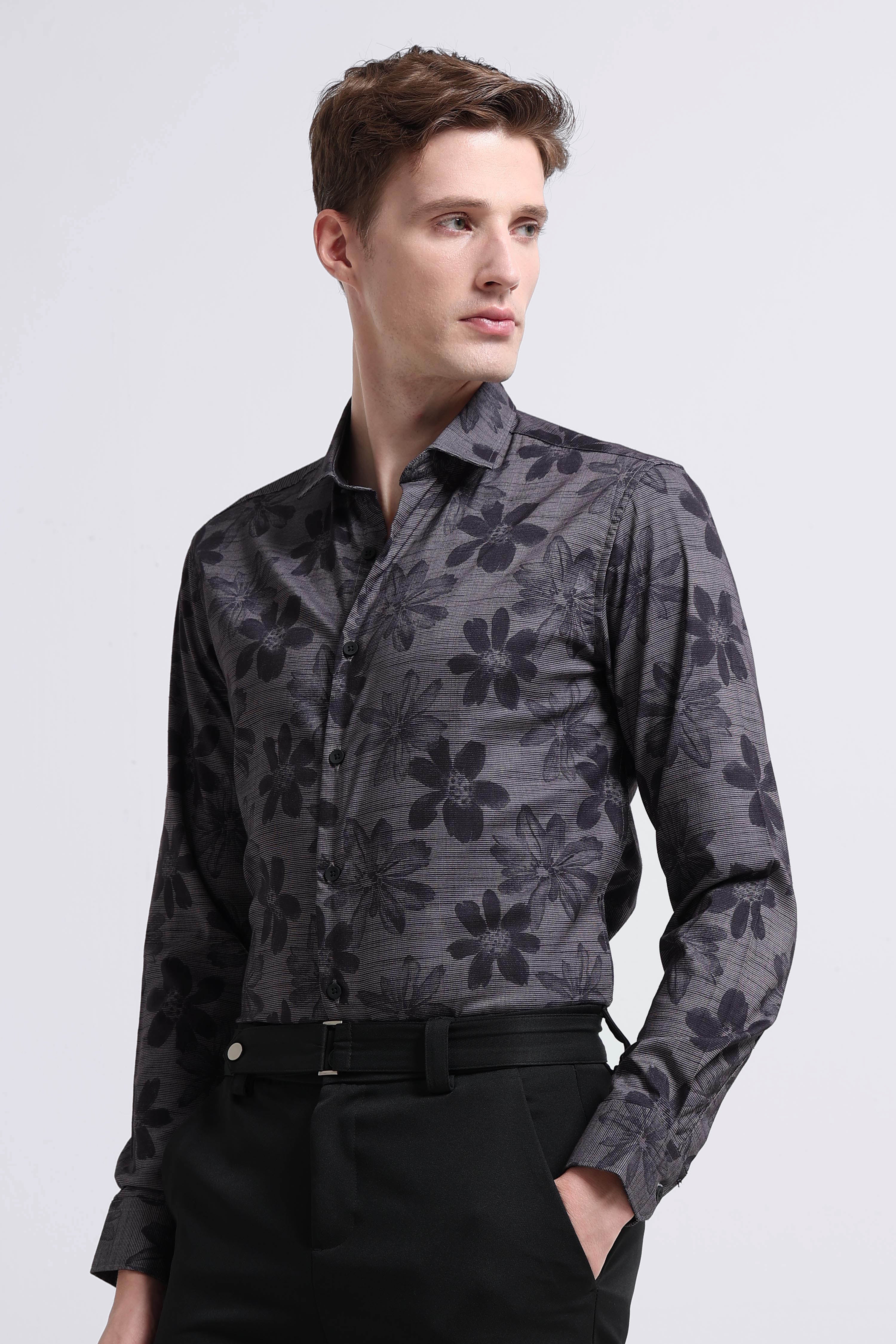 Men Grey Printed Cotton Blend Shirt