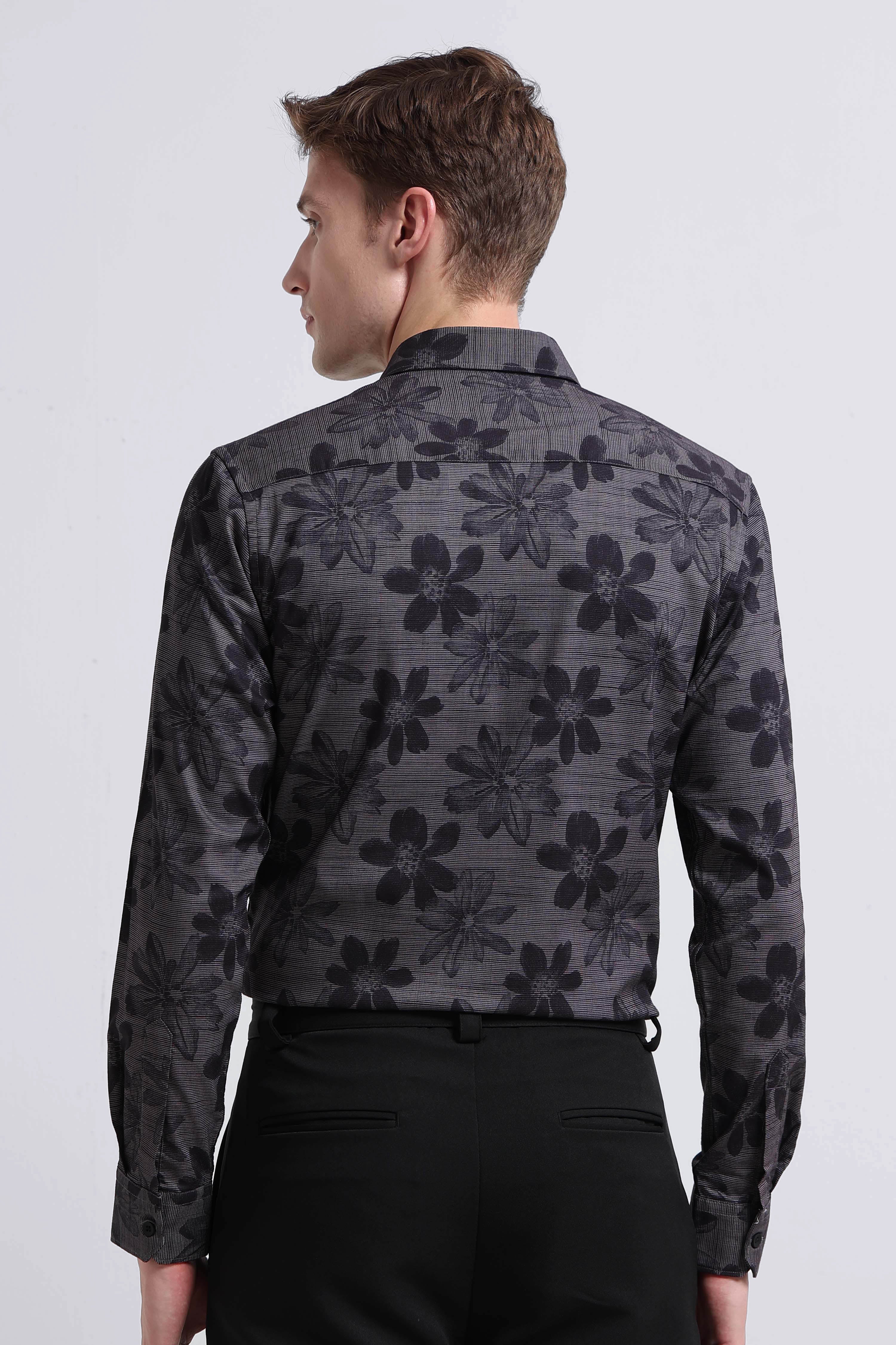 Men Grey Printed Cotton Blend Shirt