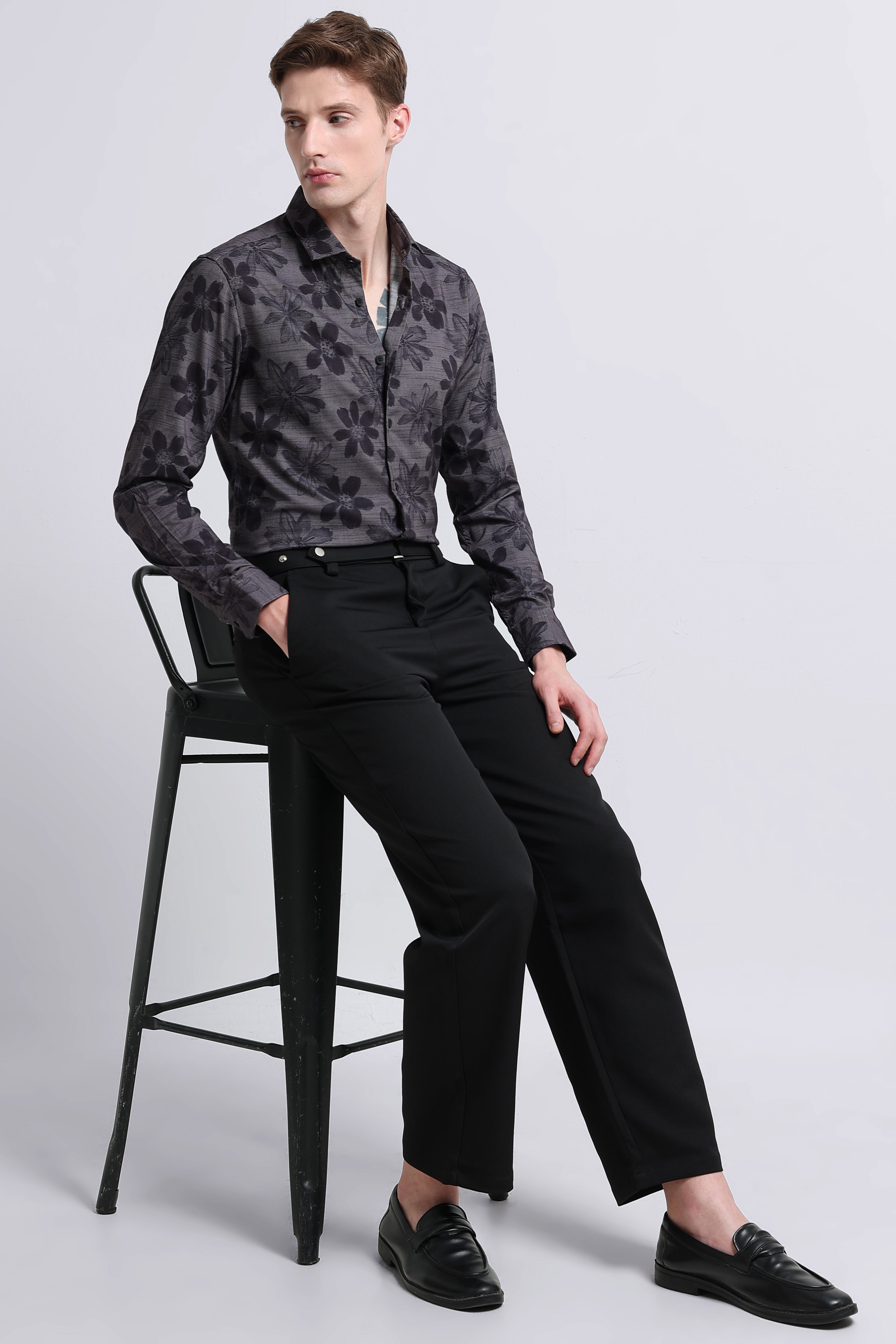 Men Grey Printed Cotton Blend Shirt