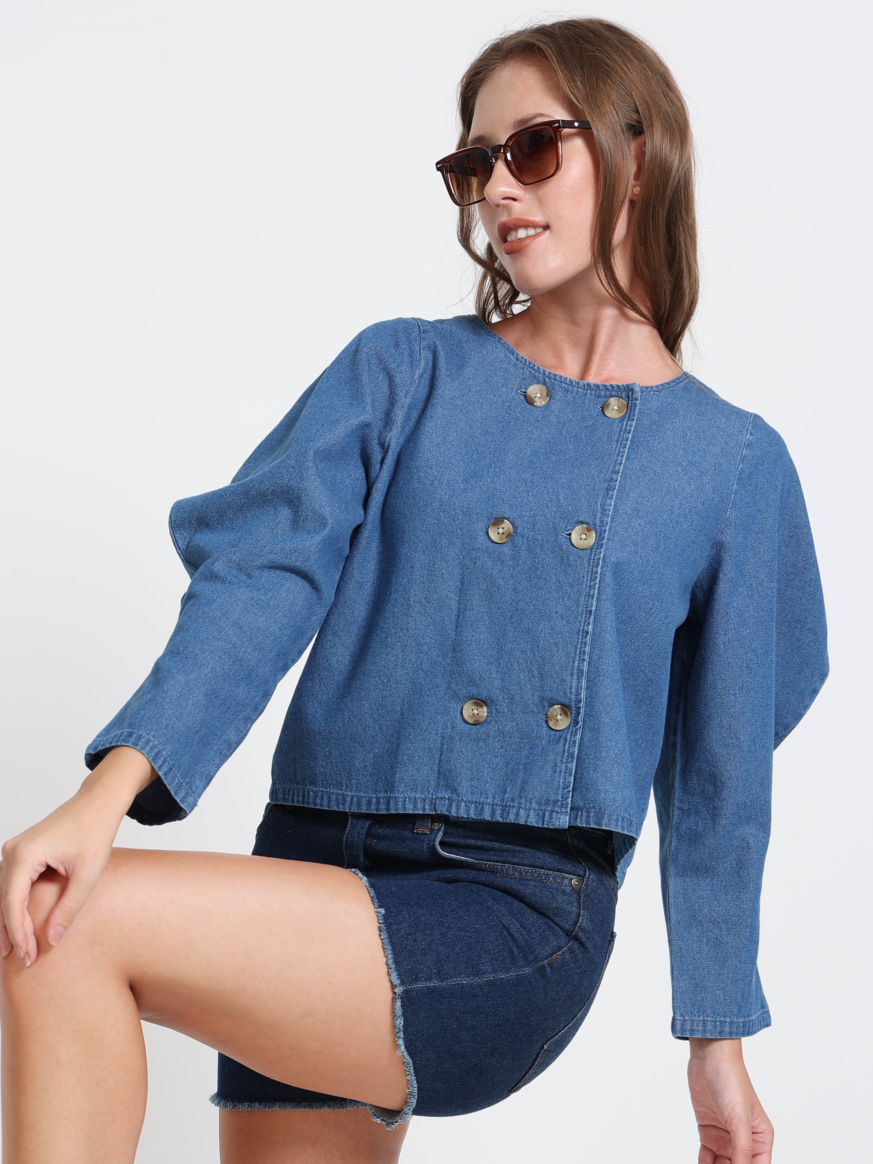 Women Indigo Denim Puff Sleeve Jacket