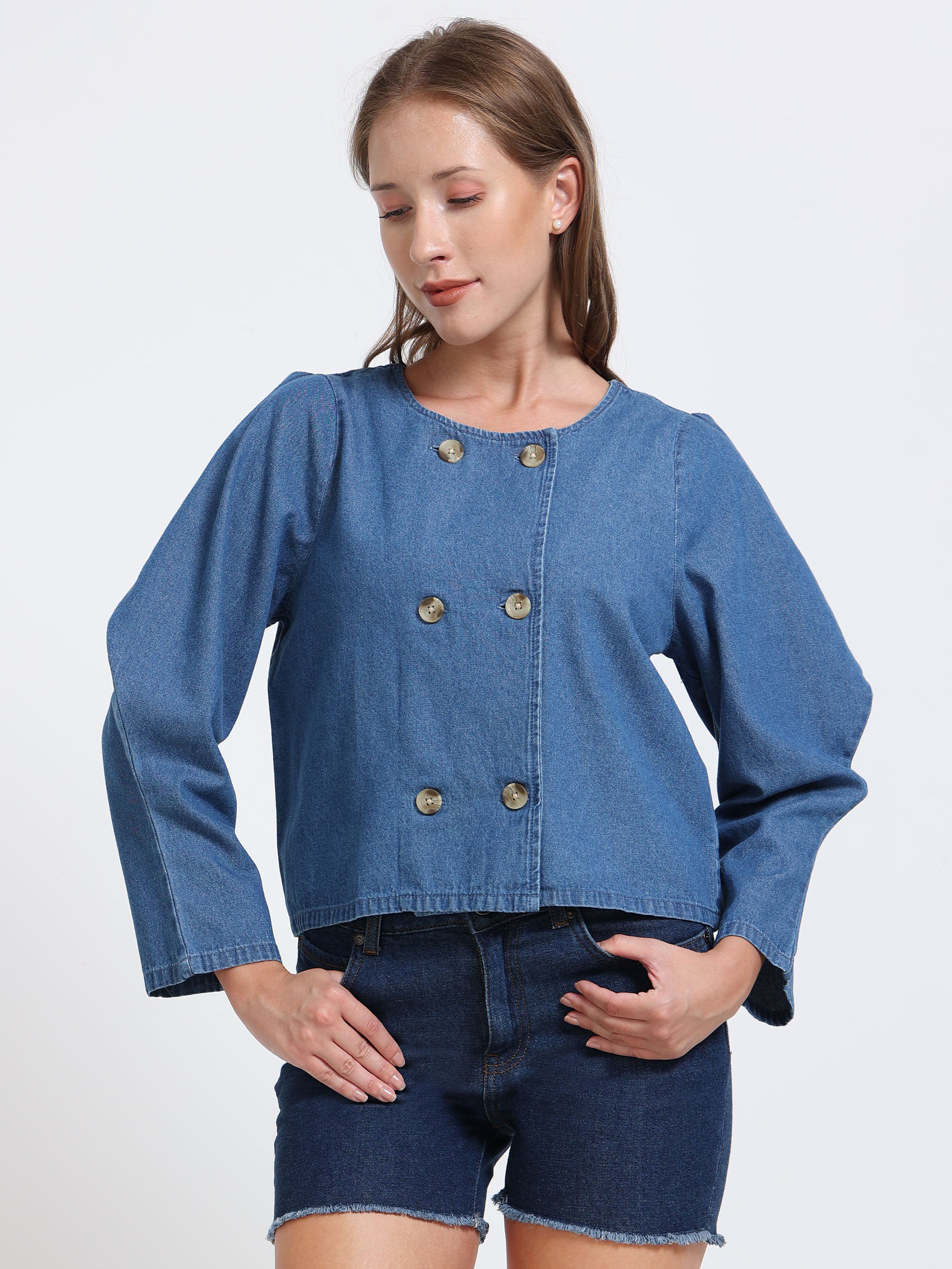 Women Indigo Denim Puff Sleeve Jacket