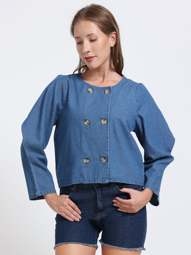 Women Indigo Denim Puff Sleeve Jacket