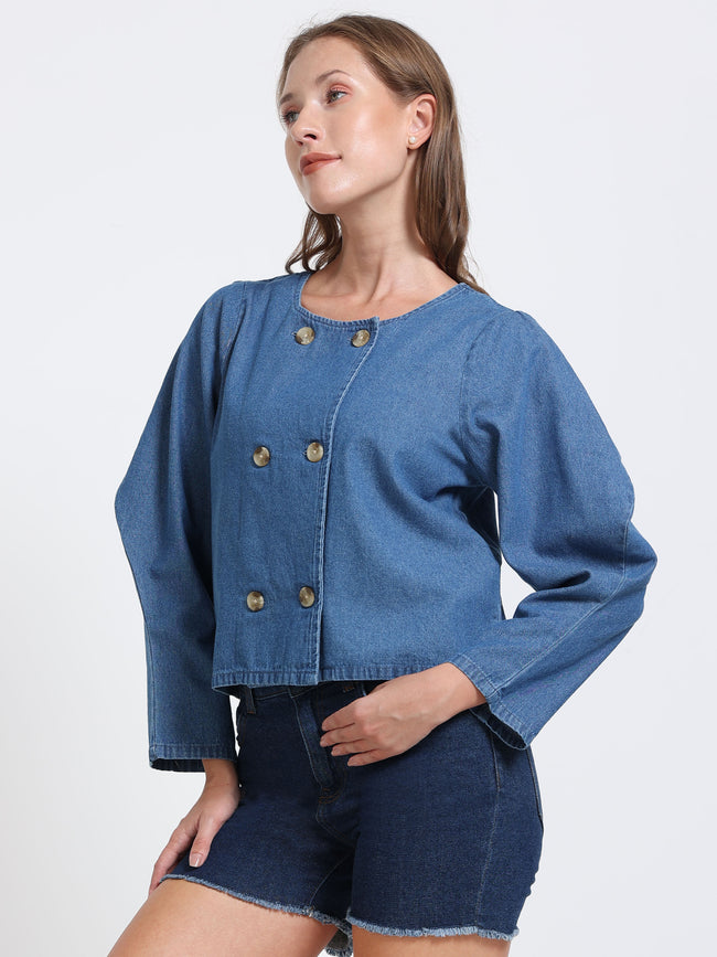 Women Indigo Denim Puff Sleeve Jacket