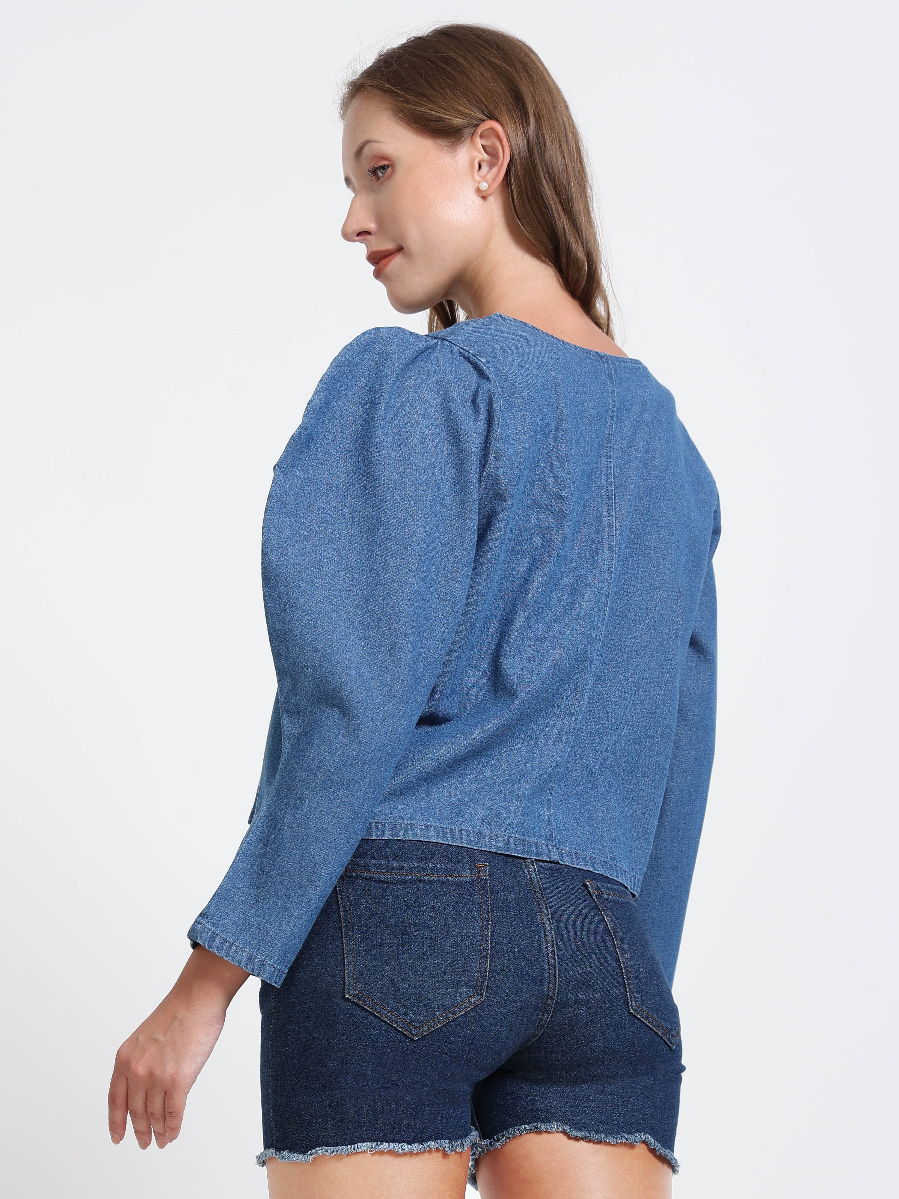 Women Indigo Denim Puff Sleeve Jacket