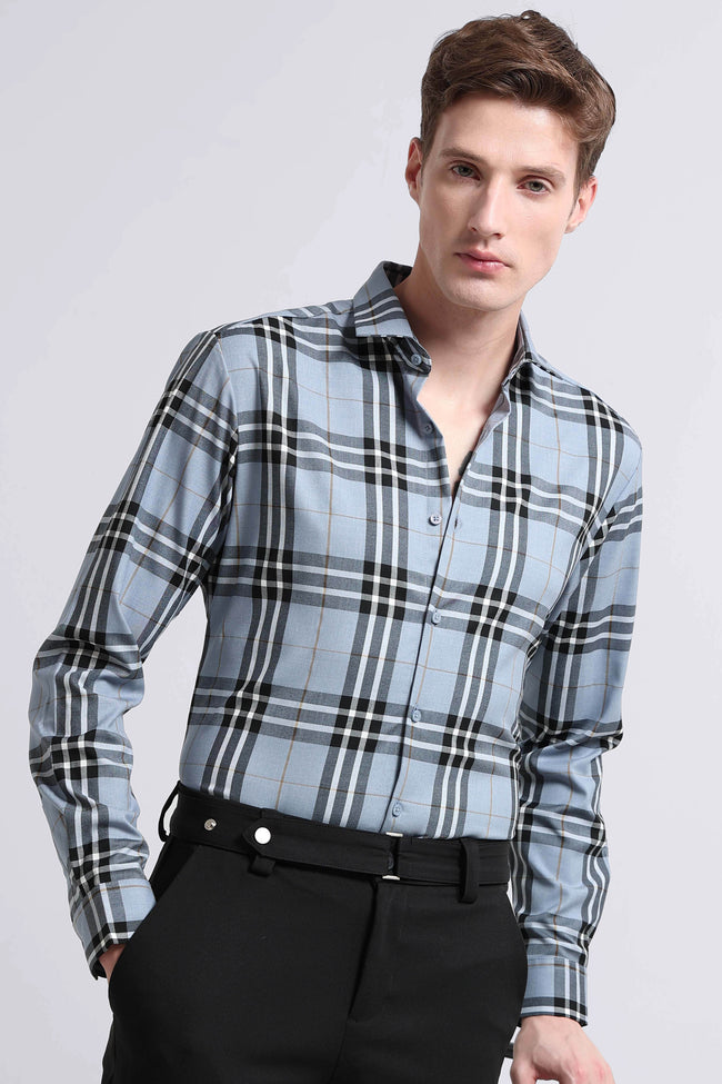 Men Blue Checked Slim Fit Shirt
