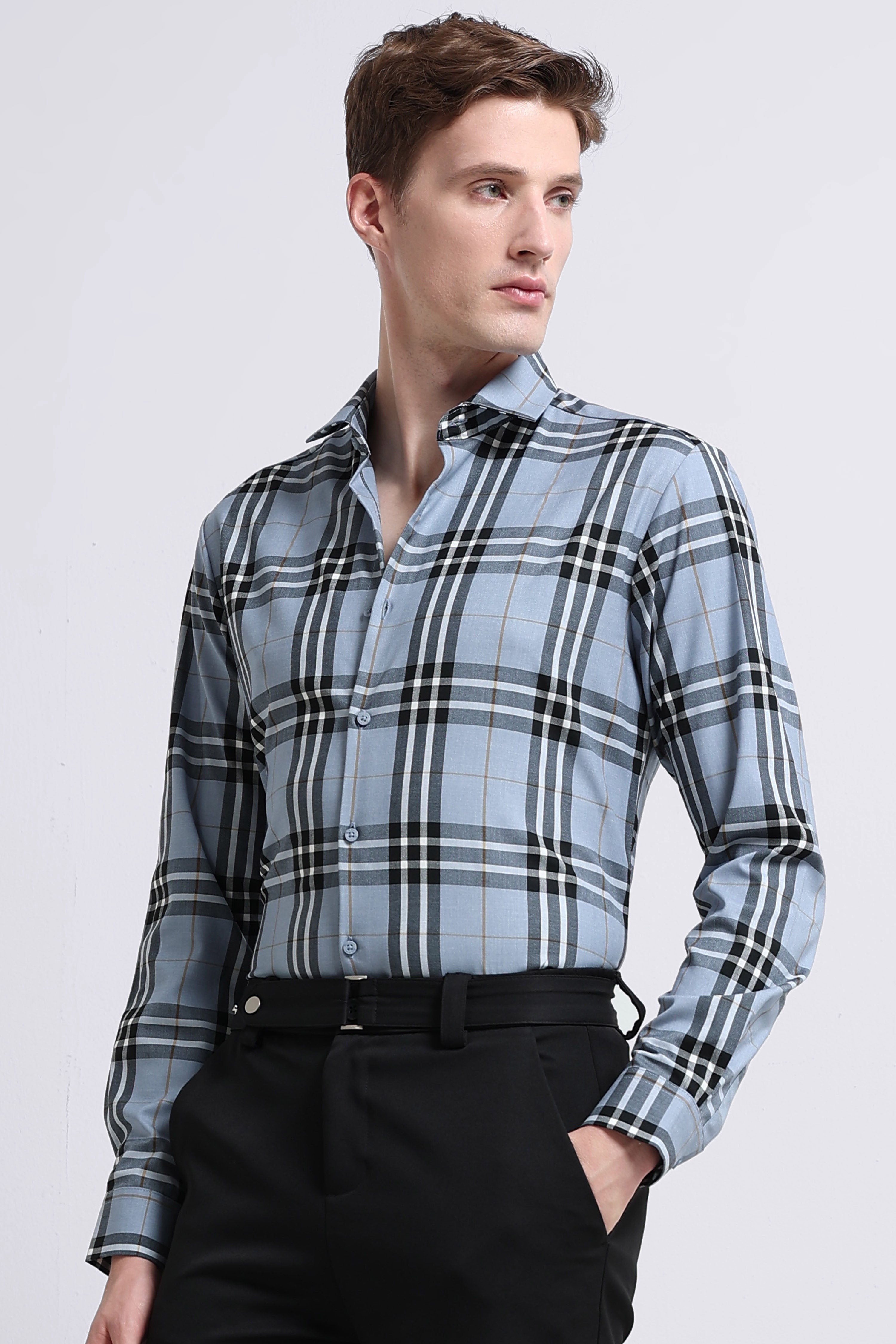 Men Blue Checked Slim Fit Shirt