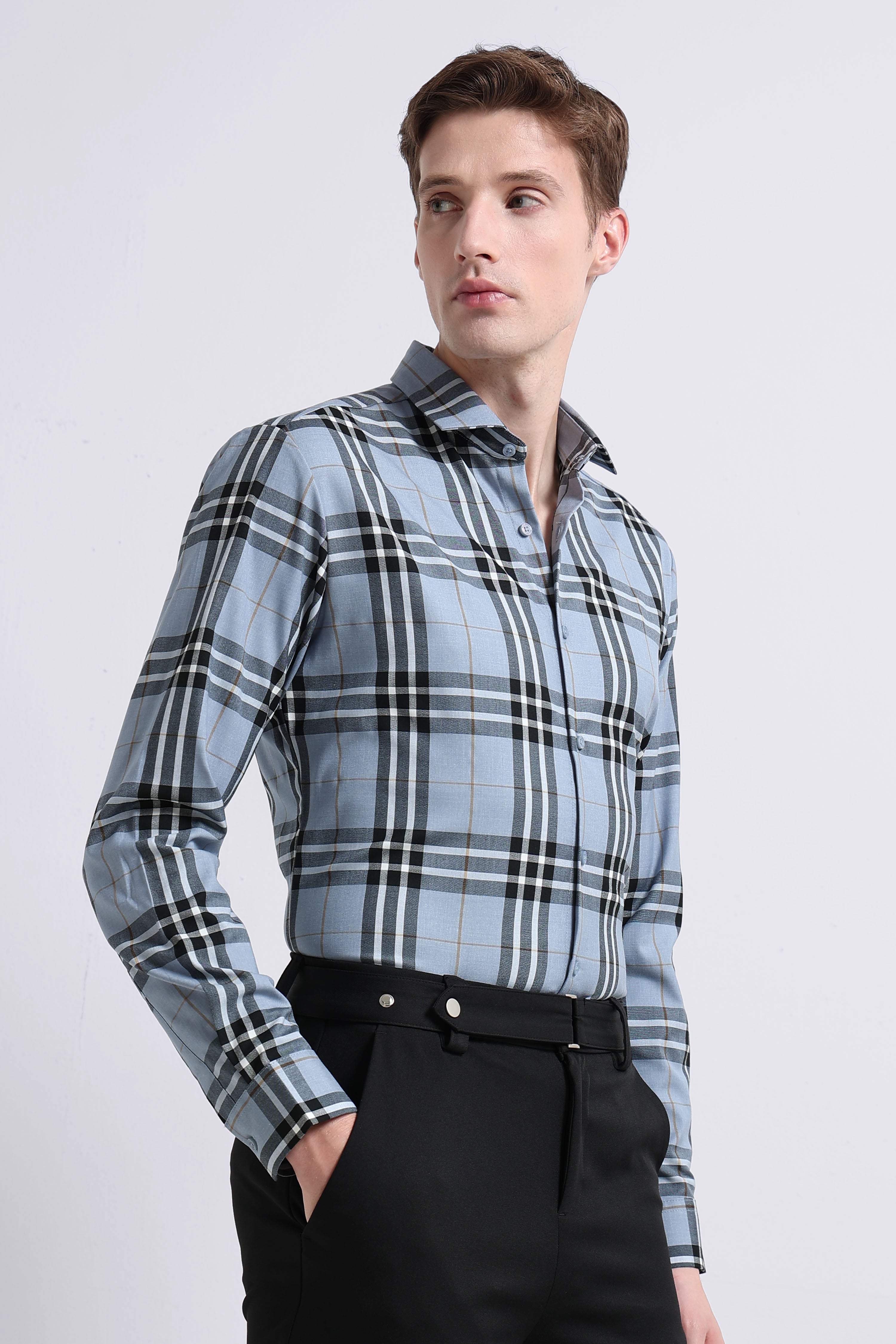 Men Blue Checked Slim Fit Shirt