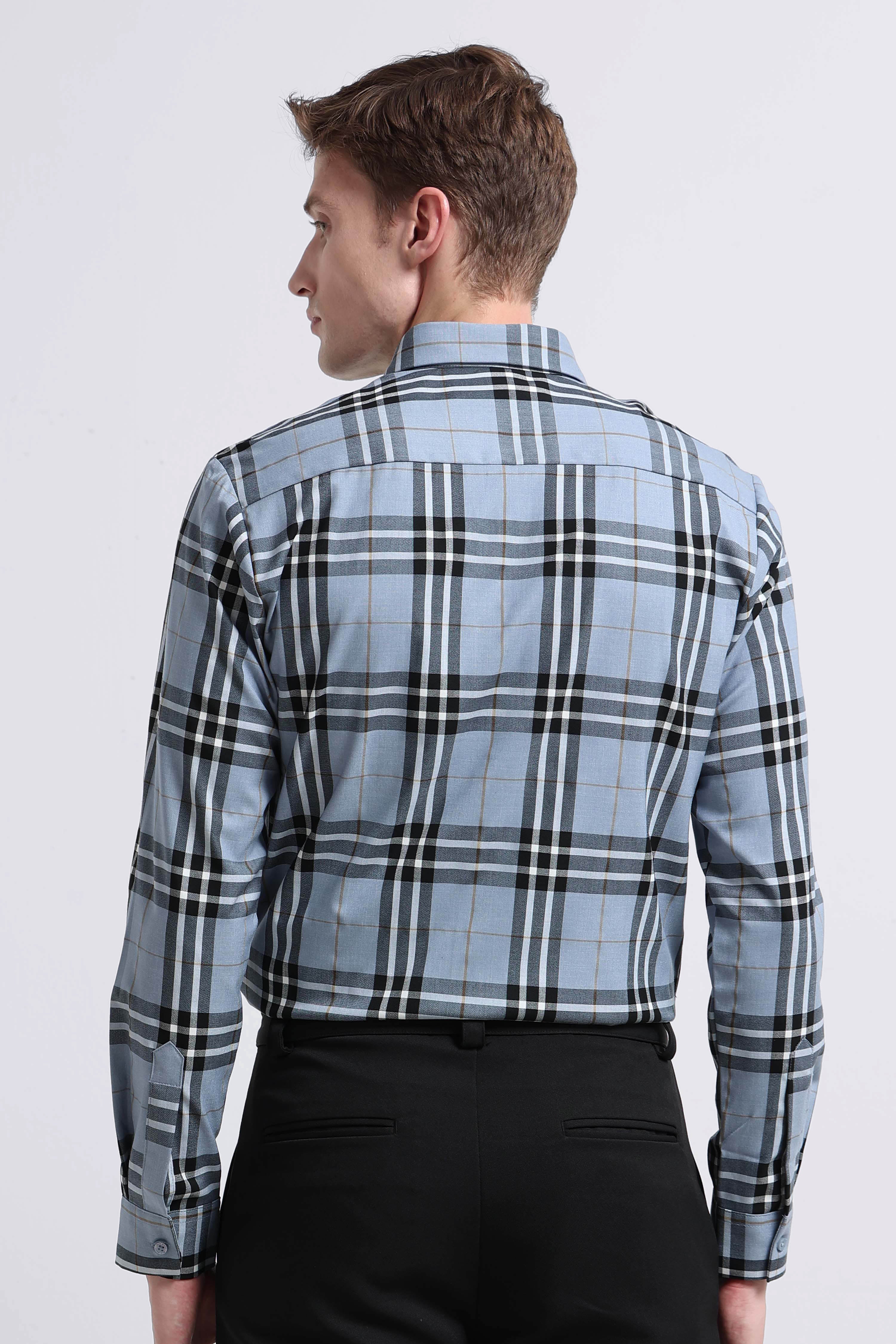 Men Blue Checked Slim Fit Shirt