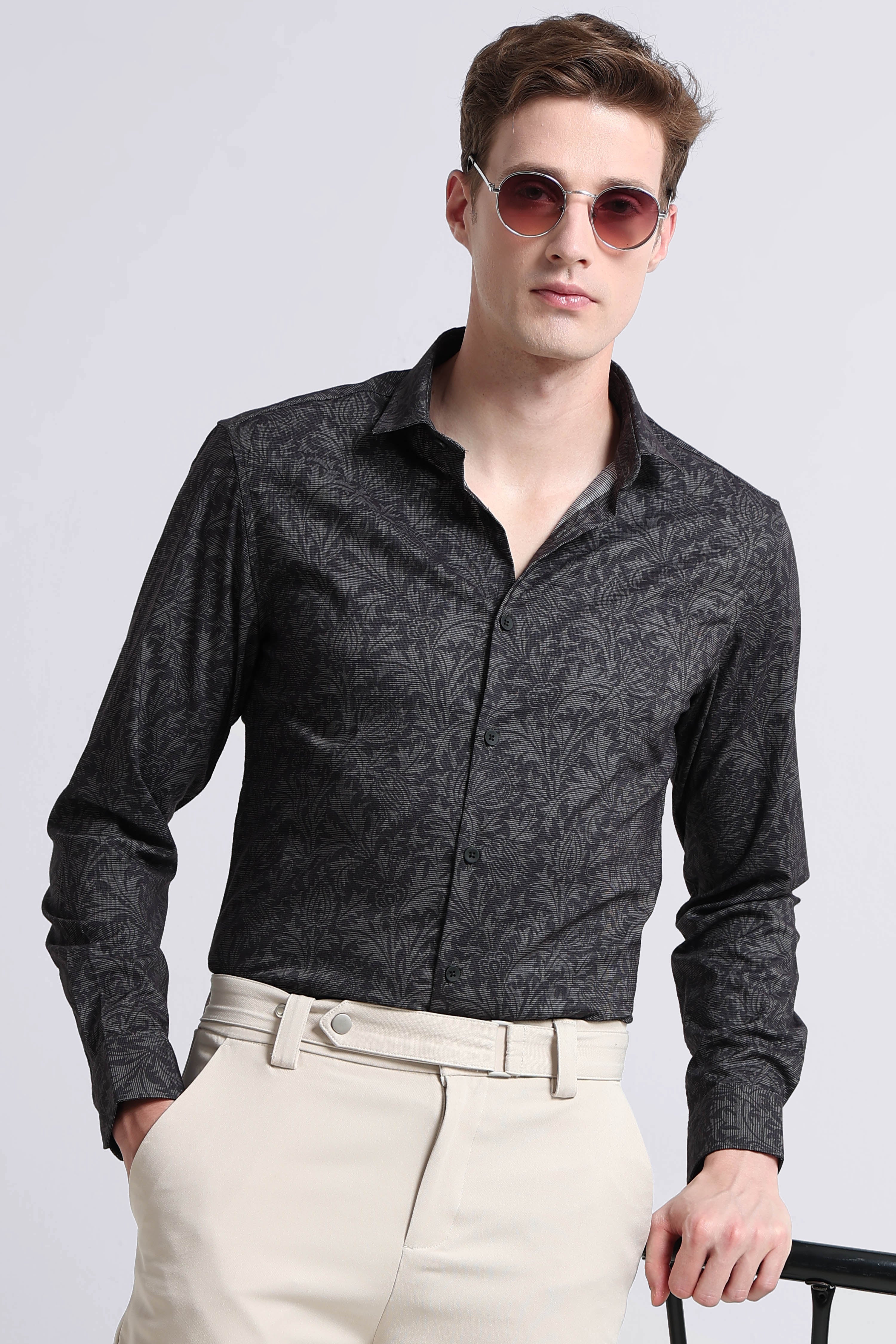 Men Olive  Printed Cotton Blend Shirt