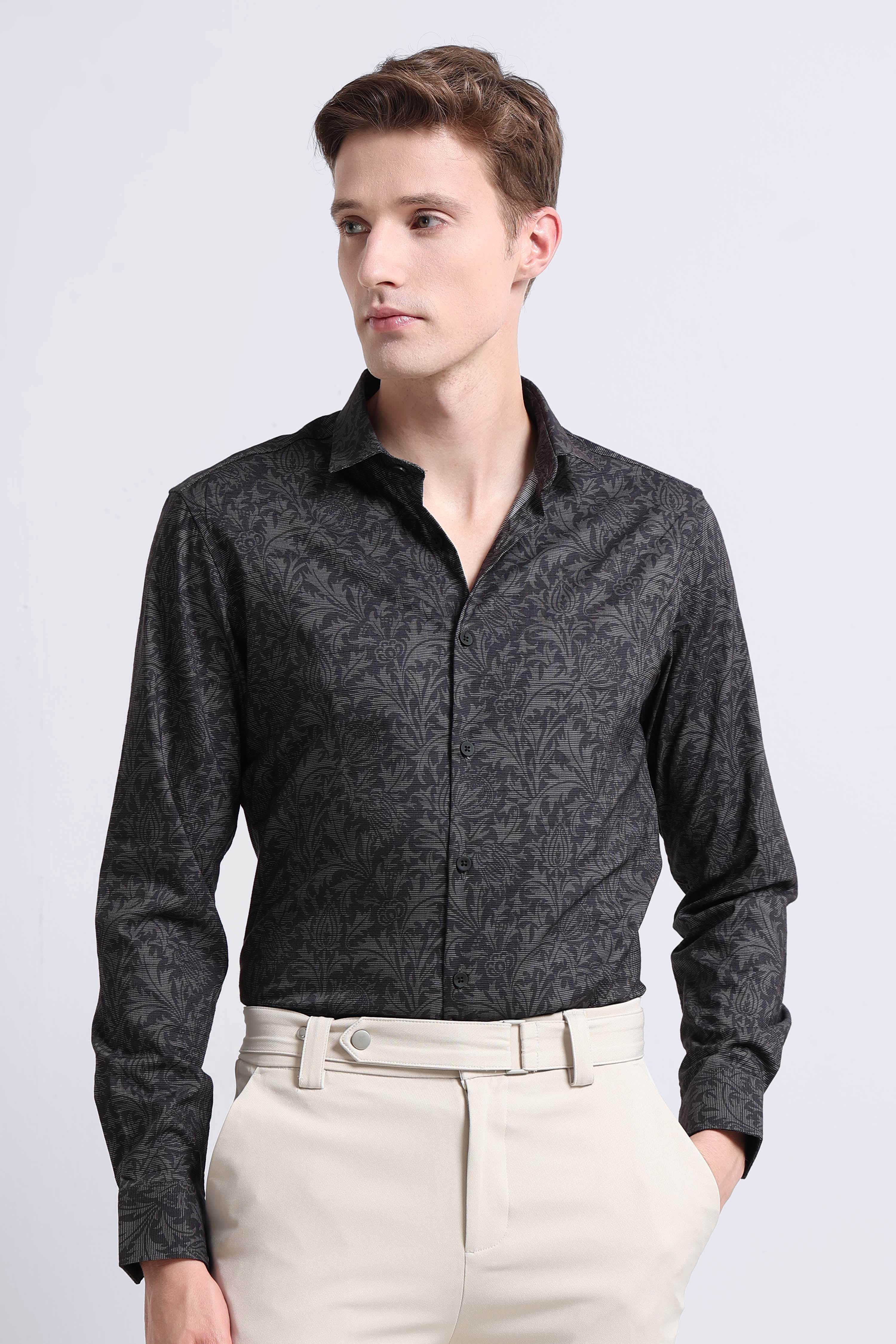 Men Olive  Printed Cotton Blend Shirt