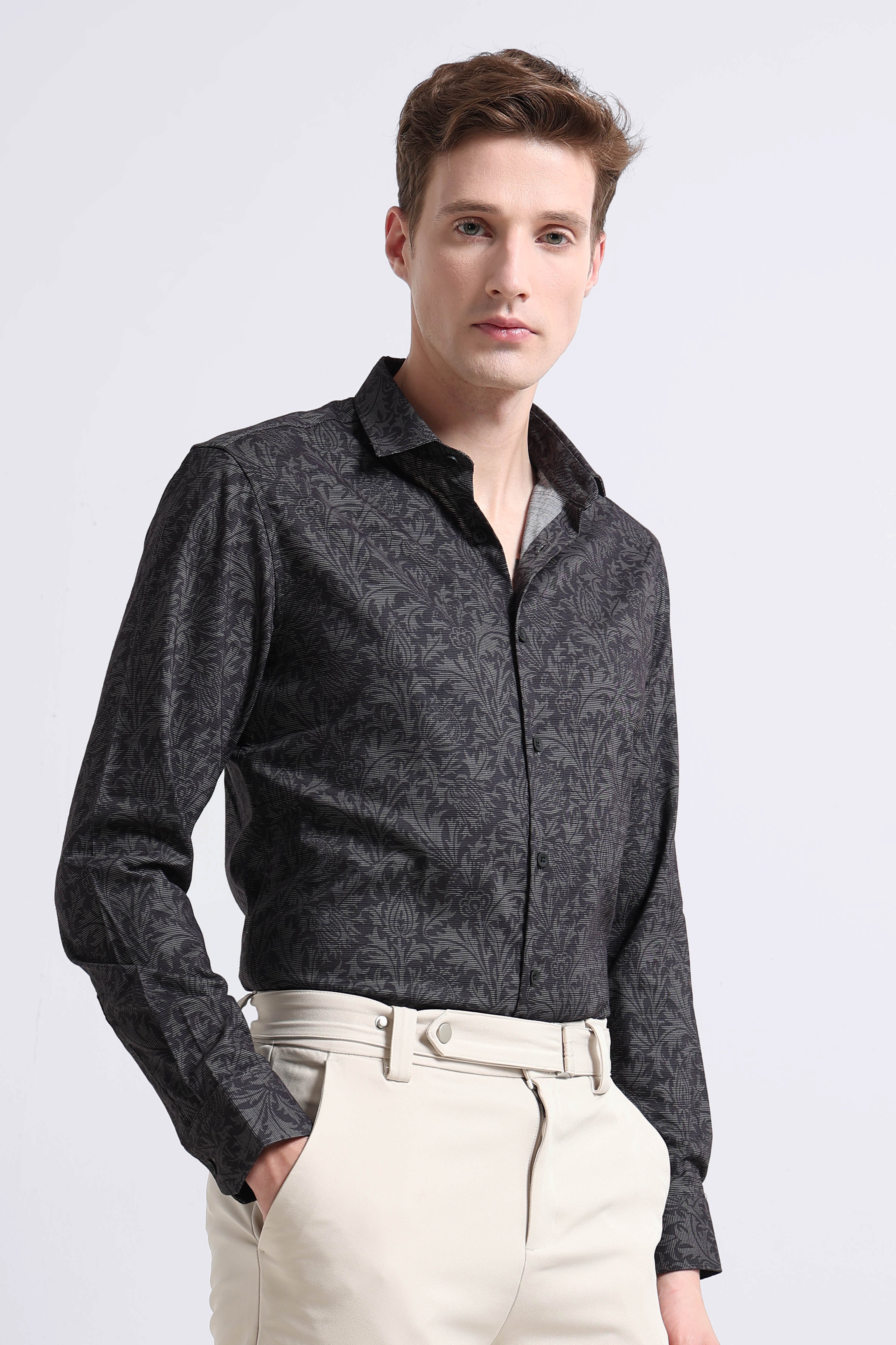 Men Olive  Printed Cotton Blend Shirt