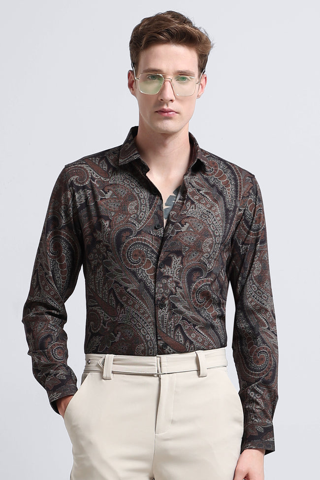 Men Rust Printed Cotton Blend Shirt