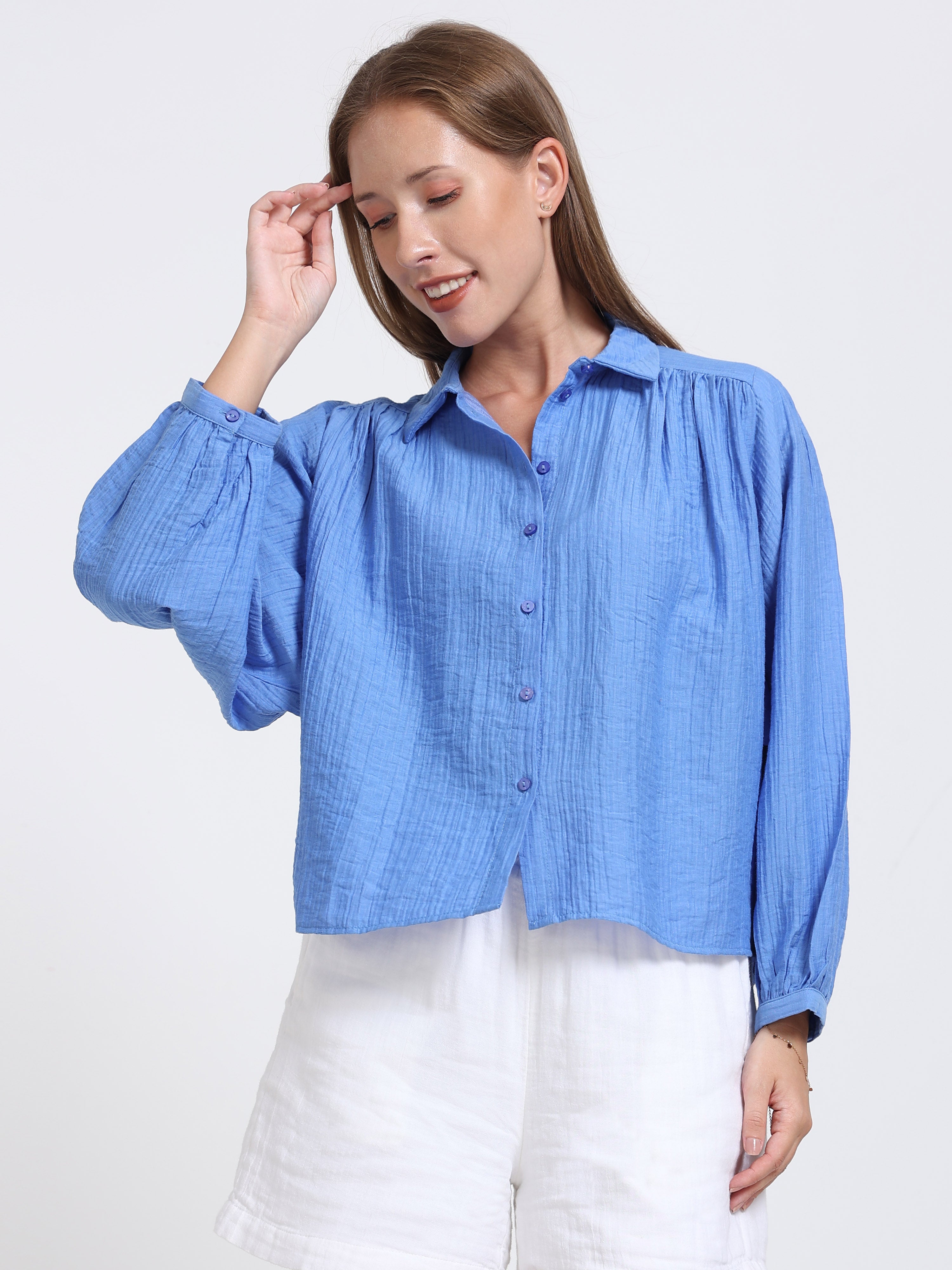 Women Blue Batwing Sleeve Shirt