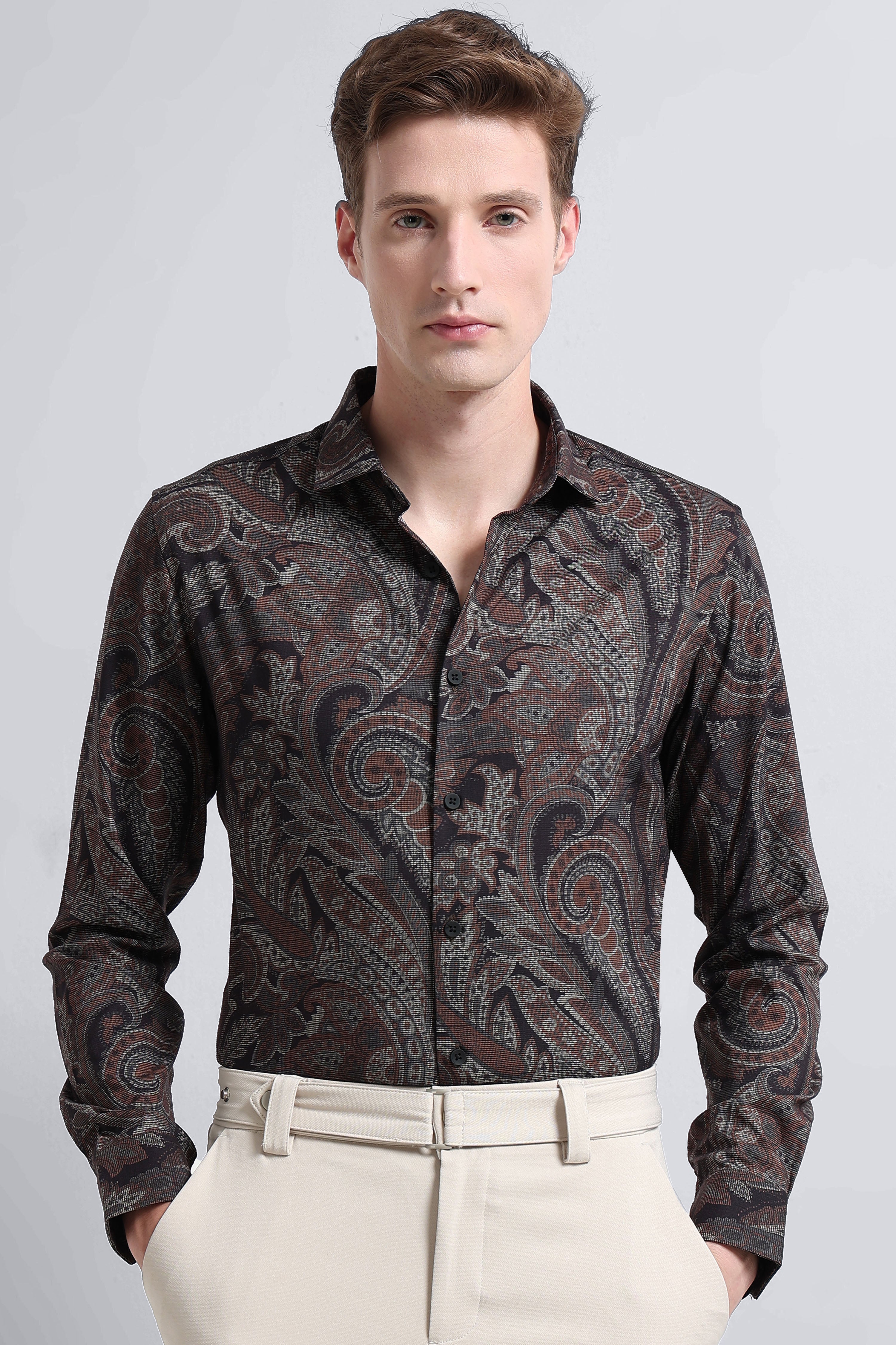 Men Rust Printed Cotton Blend Shirt