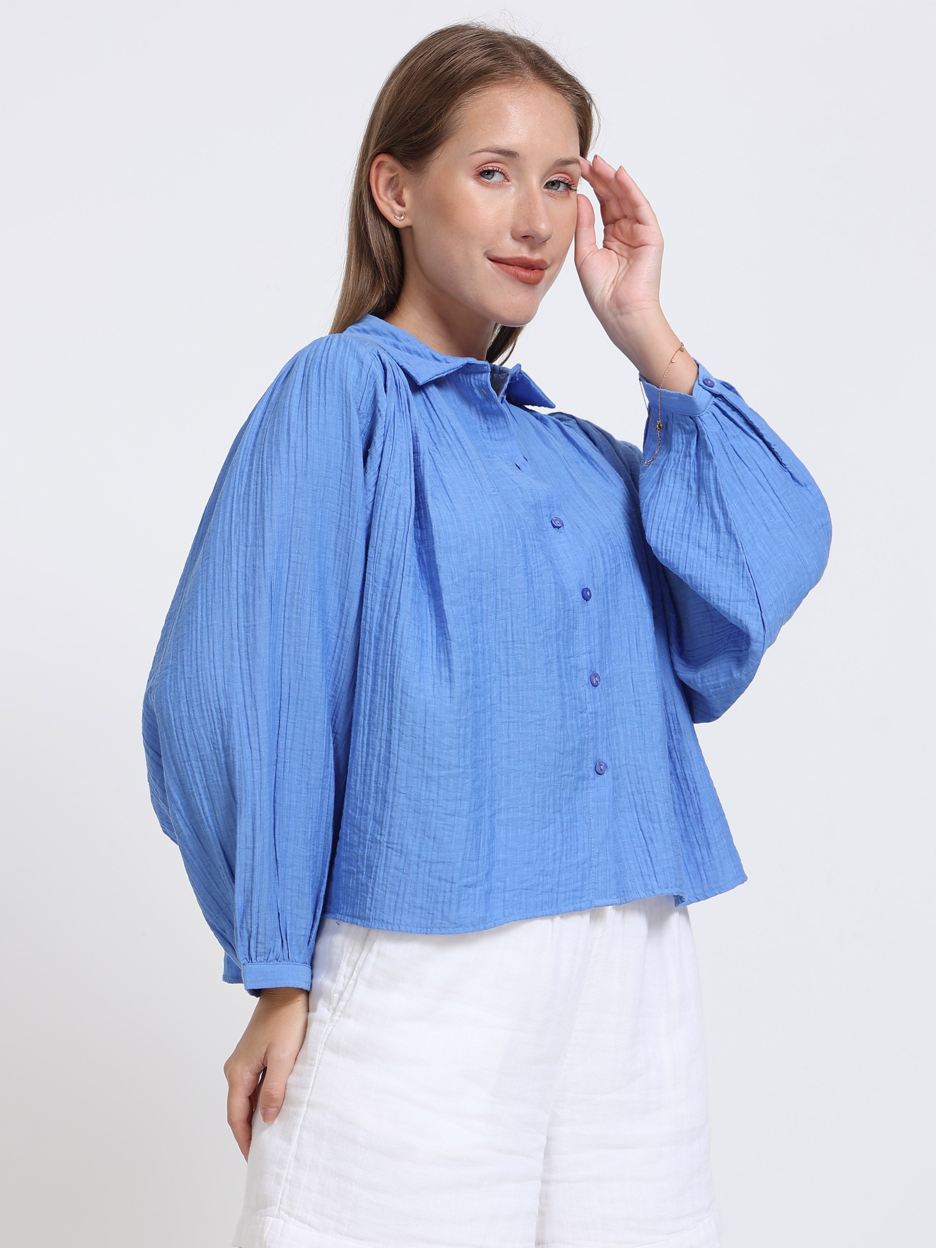 Women Blue Batwing Sleeve Shirt