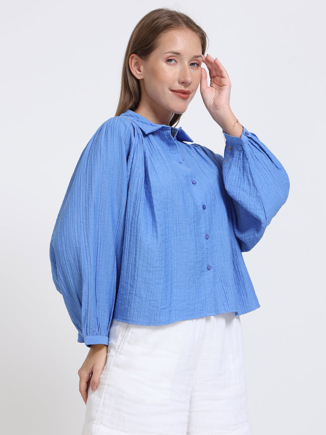 Women Blue Batwing Sleeve Shirt